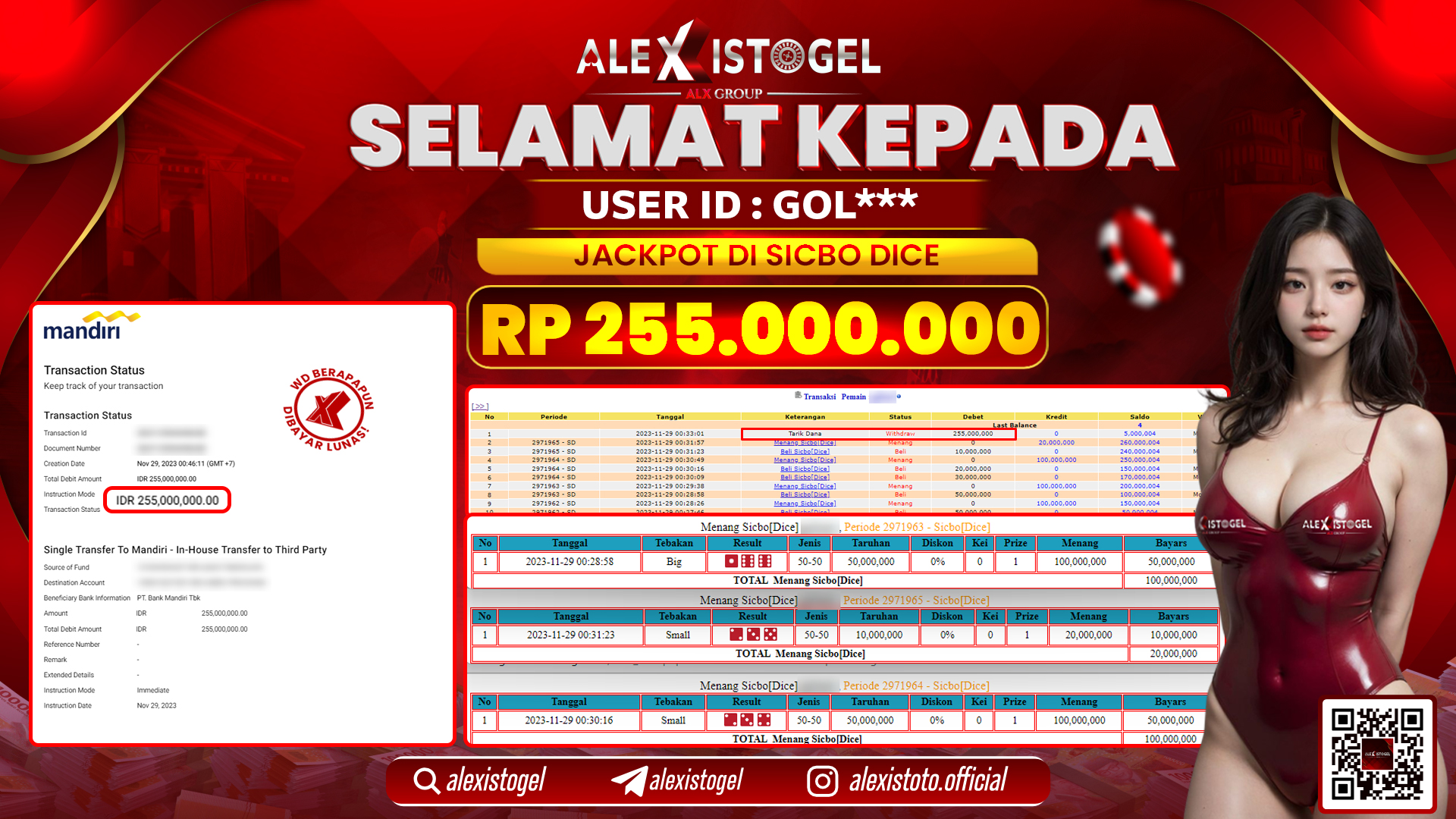 ALEXISTOGEL JACKPOT SICBO DICE RP. 255.000.000 LUNAS
