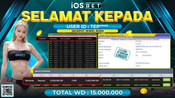 Bukti Pembayaran LUNAS SLOT GAMES GACOR Rp. 15.000.000,-