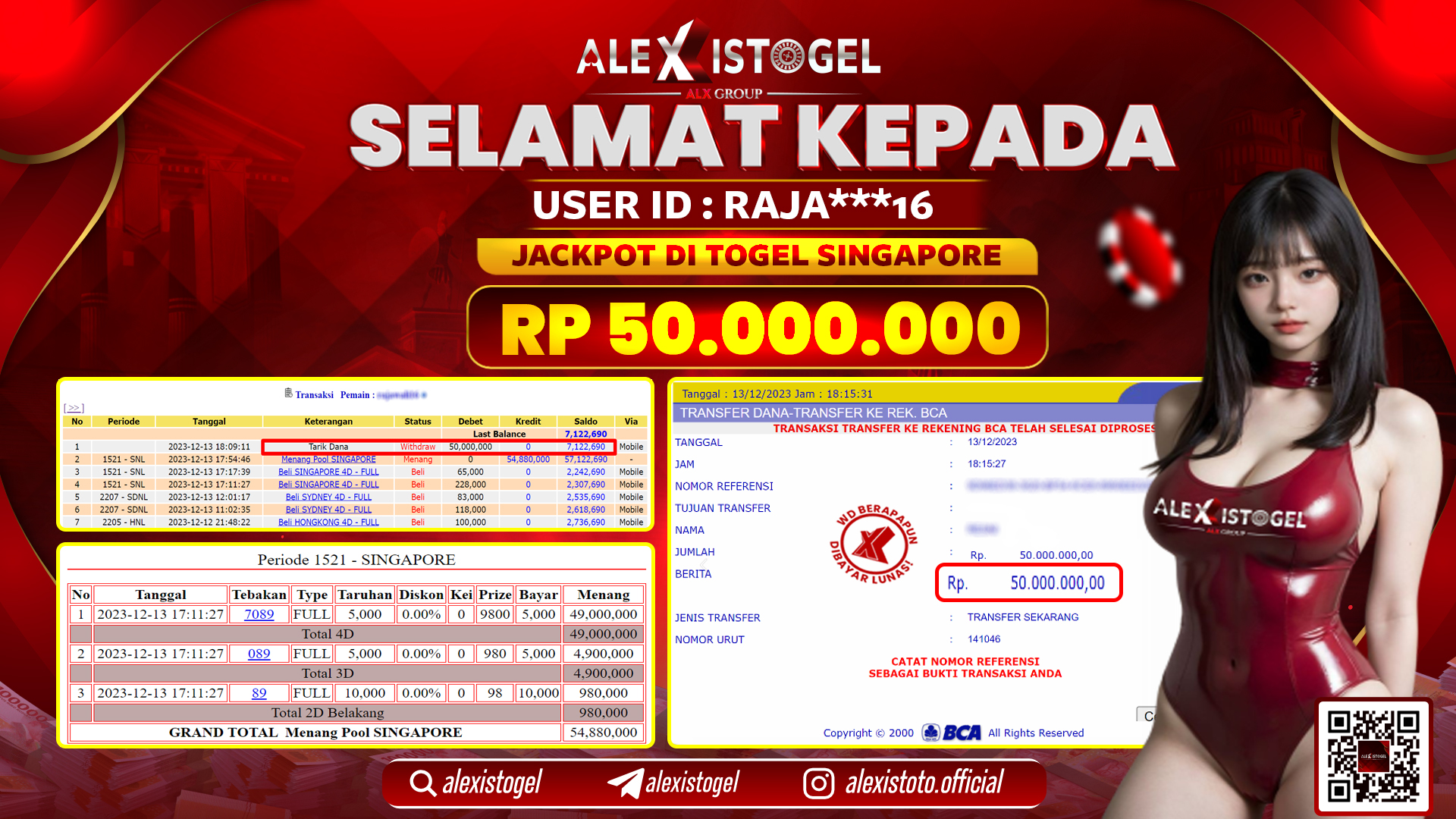 ALEXISTOGEL JACKPOT SINGAPORE  POOLS RP. 50.000.000 LUNAS