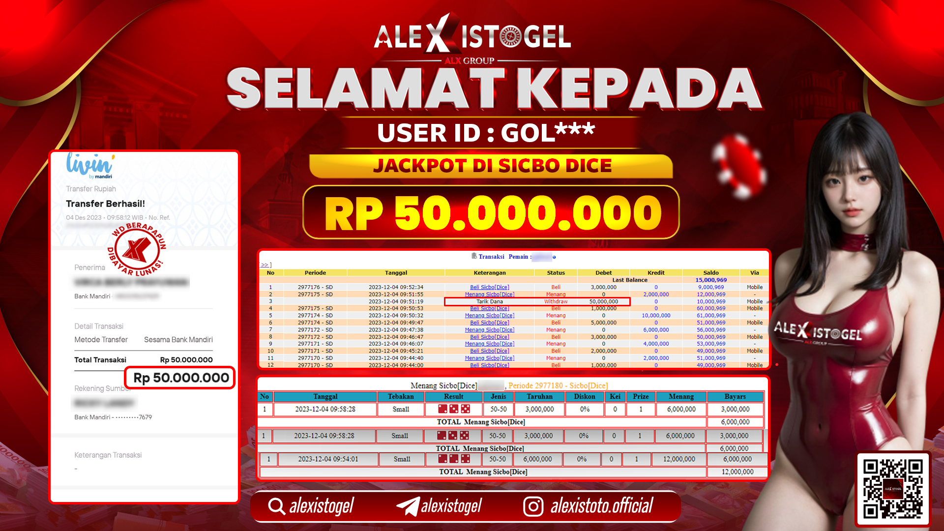 ALEXISTOGEL JACKPOT SICBO DICE RP. 50.000.000 LUNAS