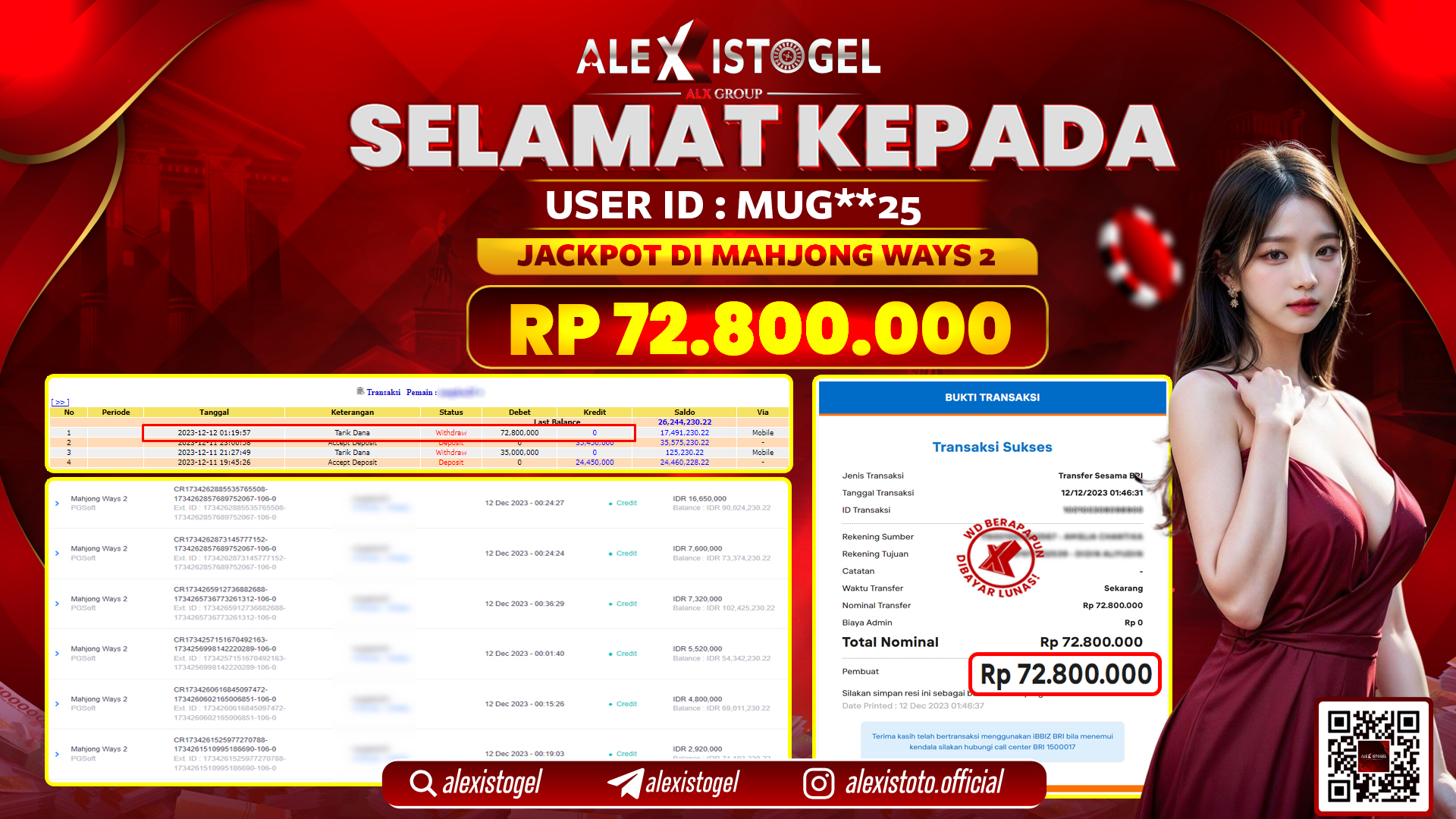 ALEXISTOGEL JACKPOT MAHJONG WAYS 2 RP. 72.800.000 LUNAS