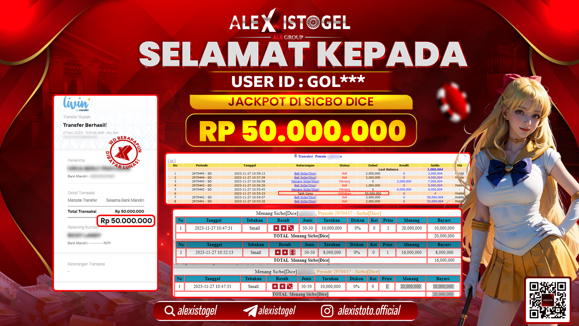 ALEXISTOGEL JACKPOT SICBO DICE  RP. 50.000.000 LUNAS