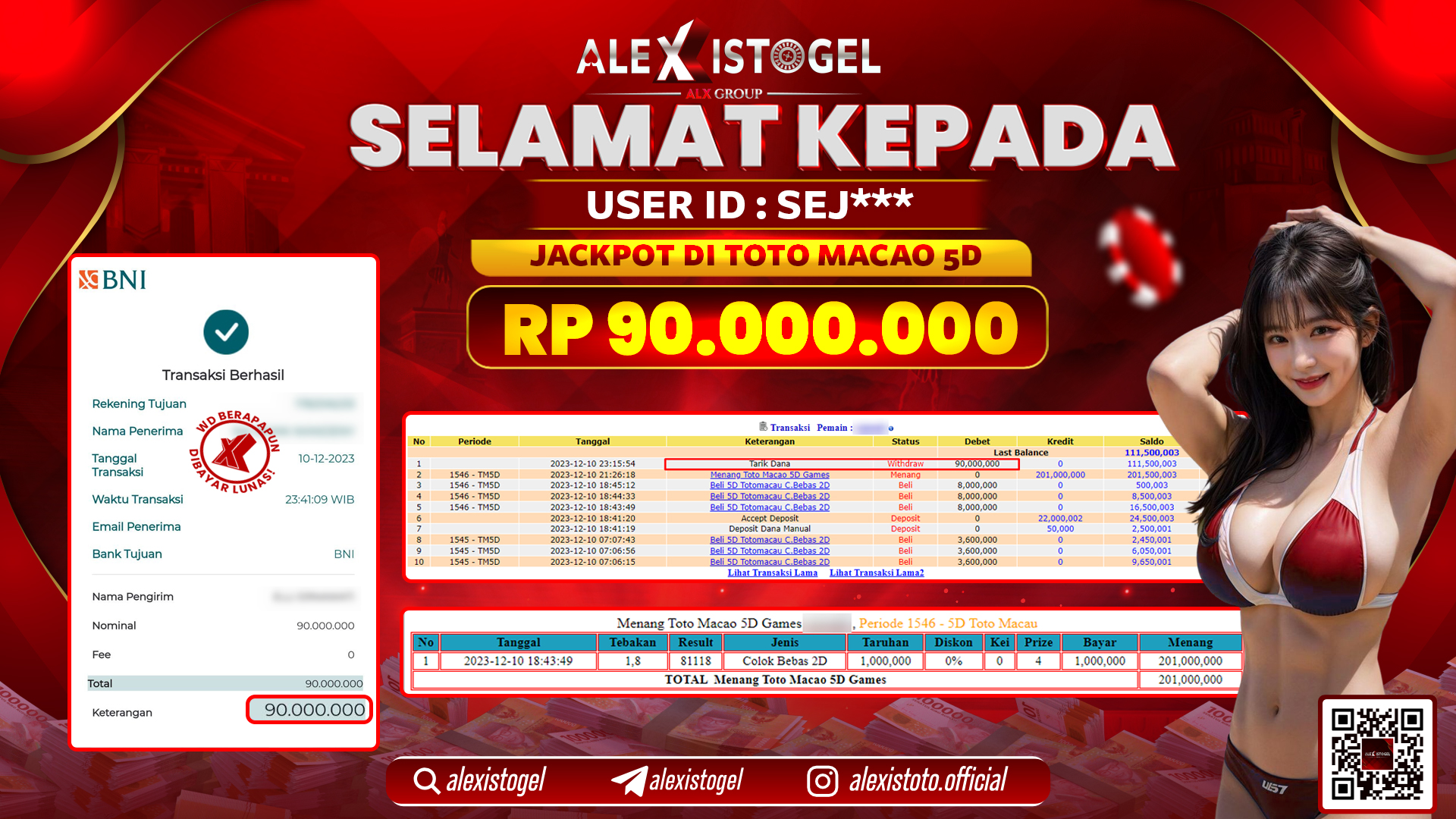 ALEXISTOGEL JACKPOT TOTO MACAU 5D RP. 90.000.000 LUNAS