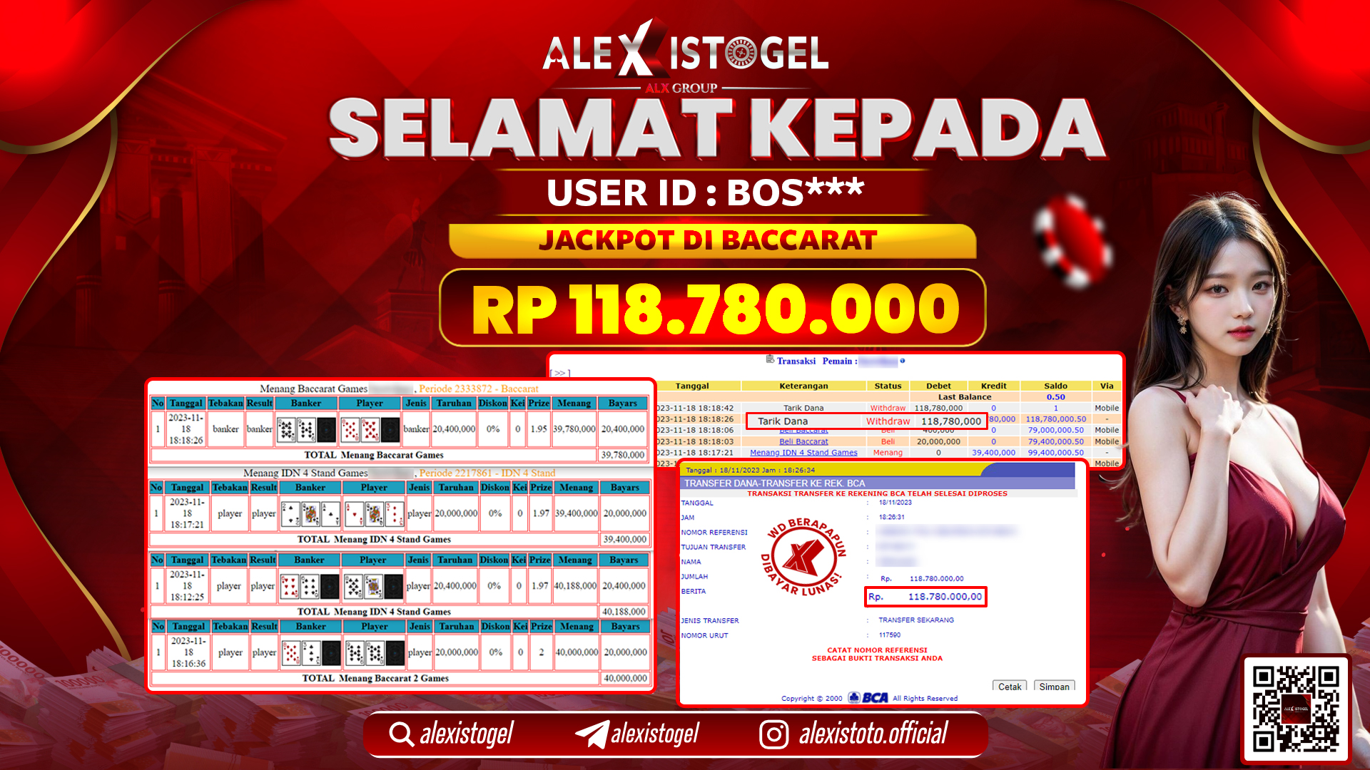 ALEXISTOGEL JACKPOT BACCARAT RP. 118.780.000 LUNAS