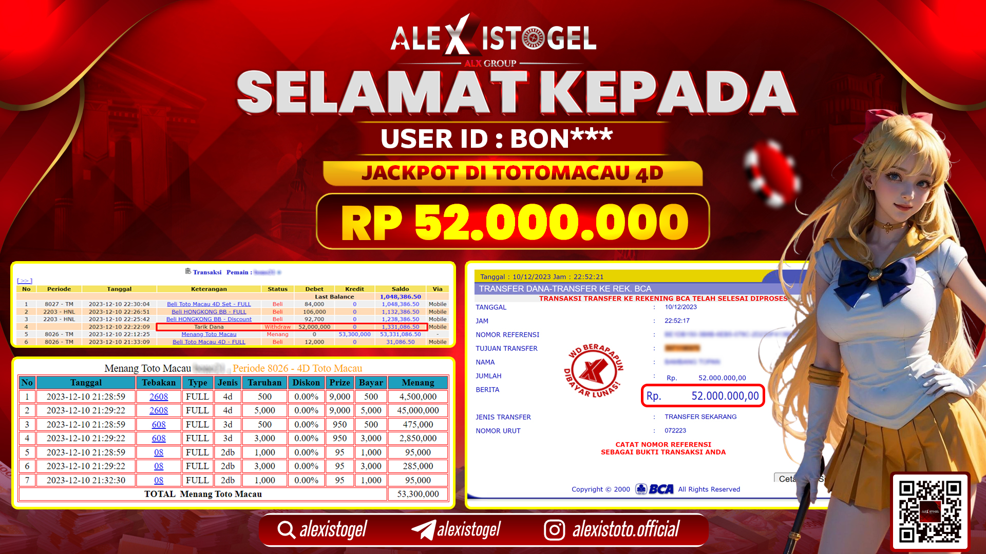 ALEXISTOGEL JACKPOT TOTO MACAU 4D RP. 52.000.000 LUNAS