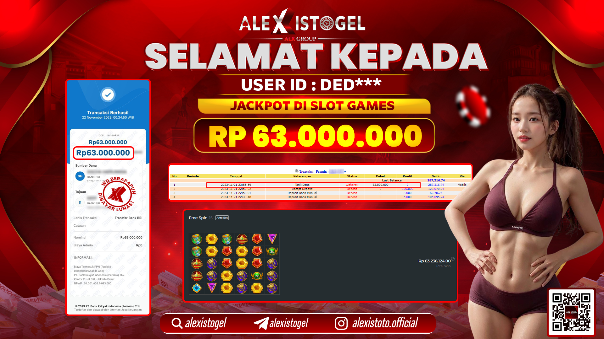 ALEXISTOGEL JACKPOT SLOT GAMES RP. 63.000.000 LUNAS