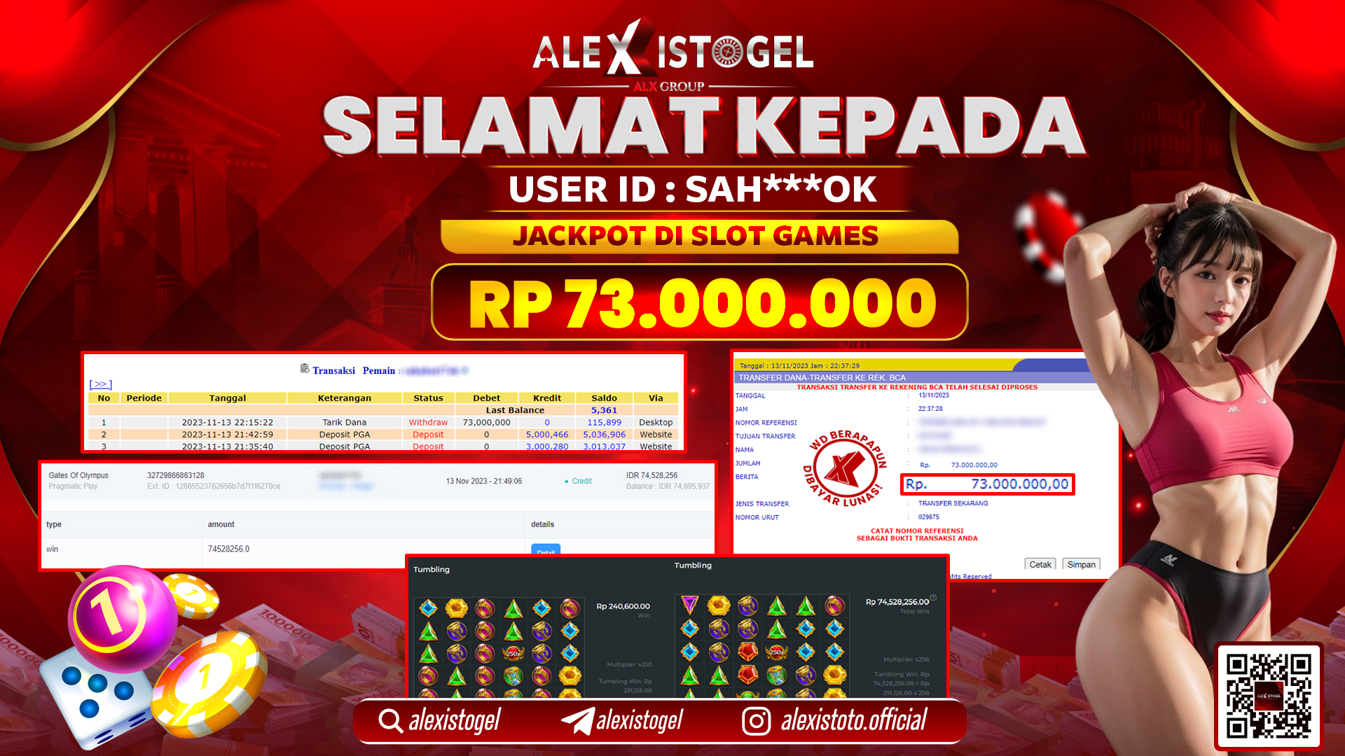 ALEXISTOGEL JACKPOT SLOT GAMES RP. 73.000.000 LUNAS