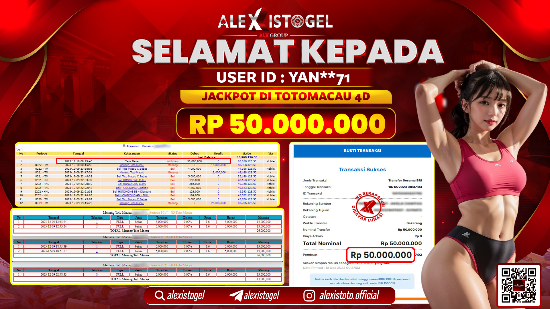 ALEXISTOGEL JACKPOT TOTO MACAU 4D RP. 50.000.000 LUNAS