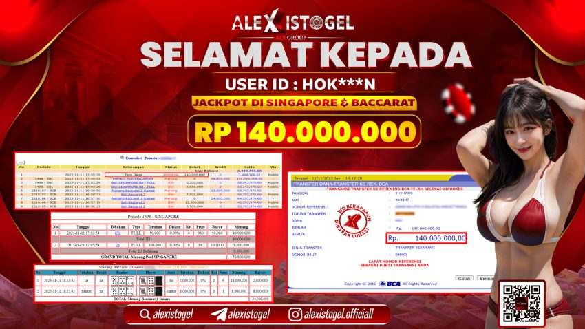 ALEXISTOGEL JACKPOT SINGAPORE & BACCARAT RP. 140.000.000 LUNAS