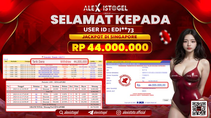 ALEXISTOGEL JACKPOT SINGAPORE RP. 44.000.000 LUNAS