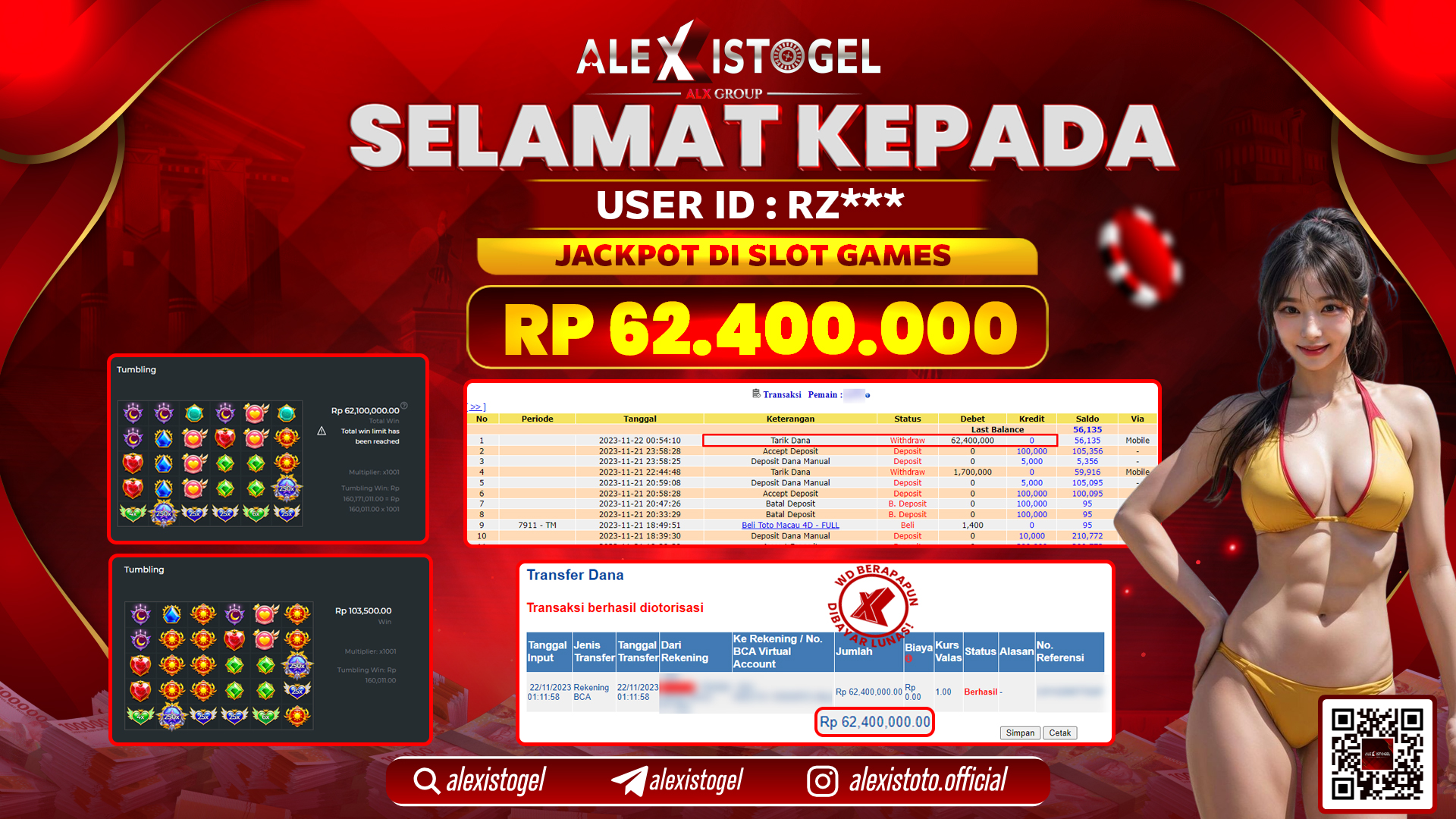 ALEXISTOGEL JACKPOT SLOT GAMES RP. 62.400.000 LUNAS