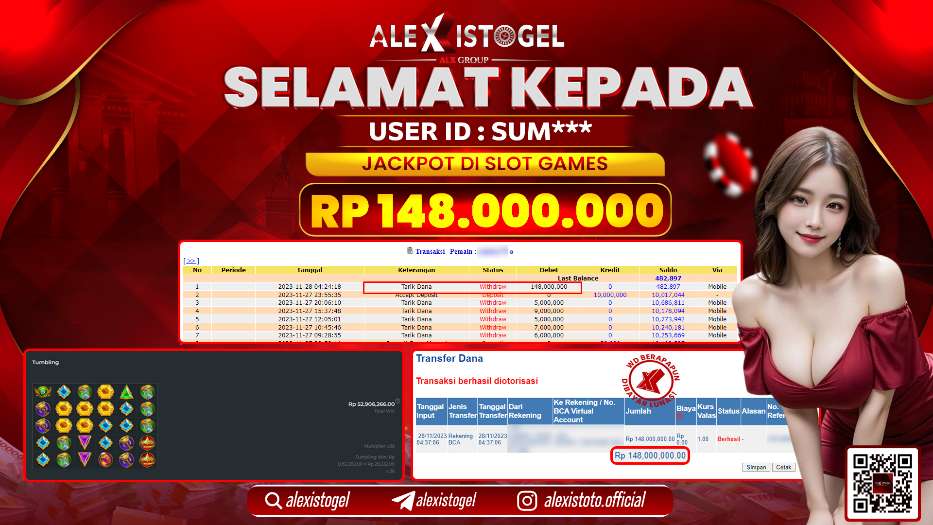 ALEXISTOGEL JACKPOT SLOT GAMES RP. 148.000.000 LUNAS