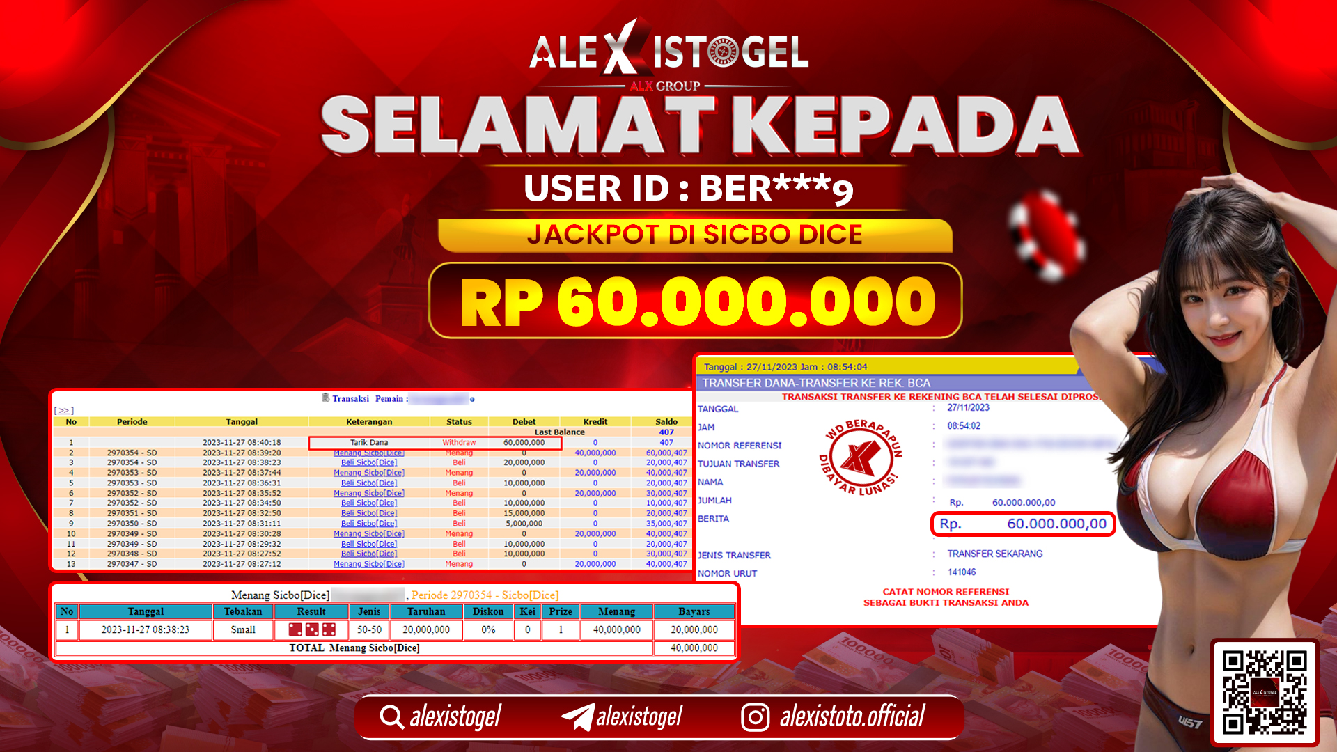 ALEXISTOGEL JACKPOT SICBO DICE  RP. 60.000.000 LUNAS