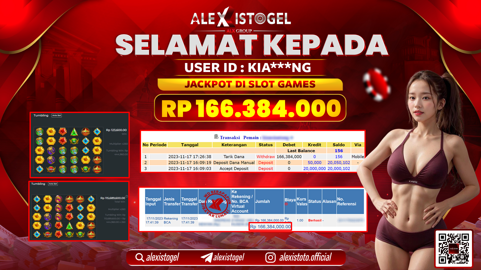 ALEXISTOGEL JACKPOT SLOT GAMES RP. 166.384.000 LUNAS