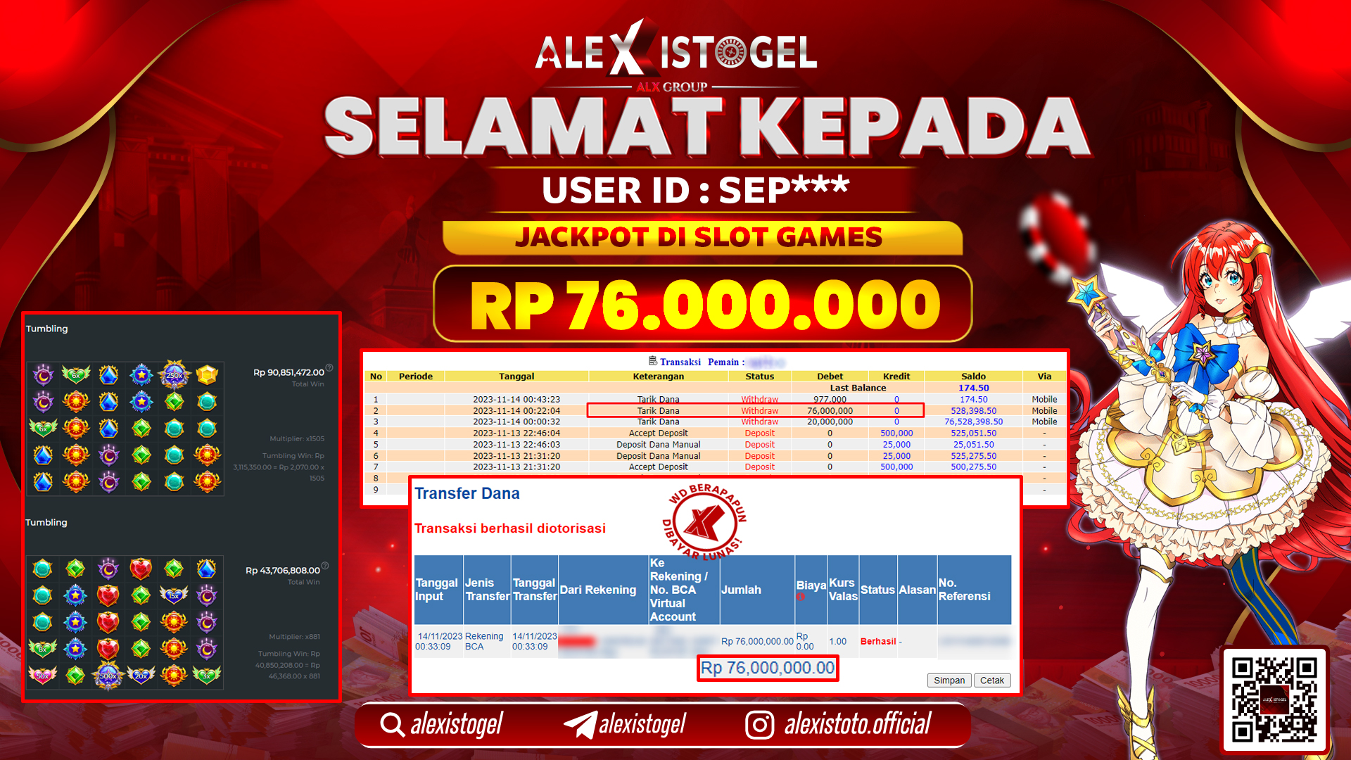 ALEXISTOGEL JACKPOT SLOT GAMES RP. 76.000.000 LUNAS
