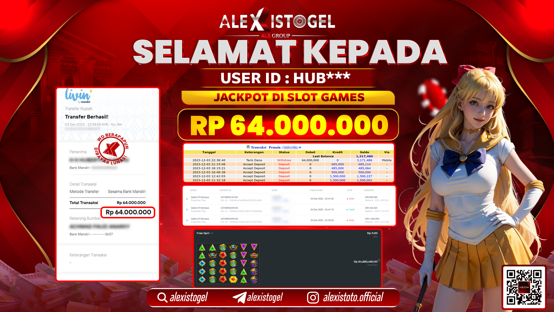 ALEXISTOGEL JACKPOT SLOT GAMES RP. 64.000.000 LUNAS