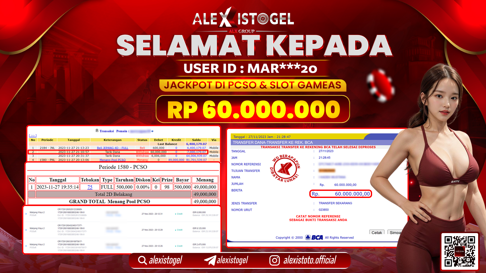 ALEXISTOGEL JACKPOT PCSO & SLOT GAMES  RP. 60.000.000 LUNAS