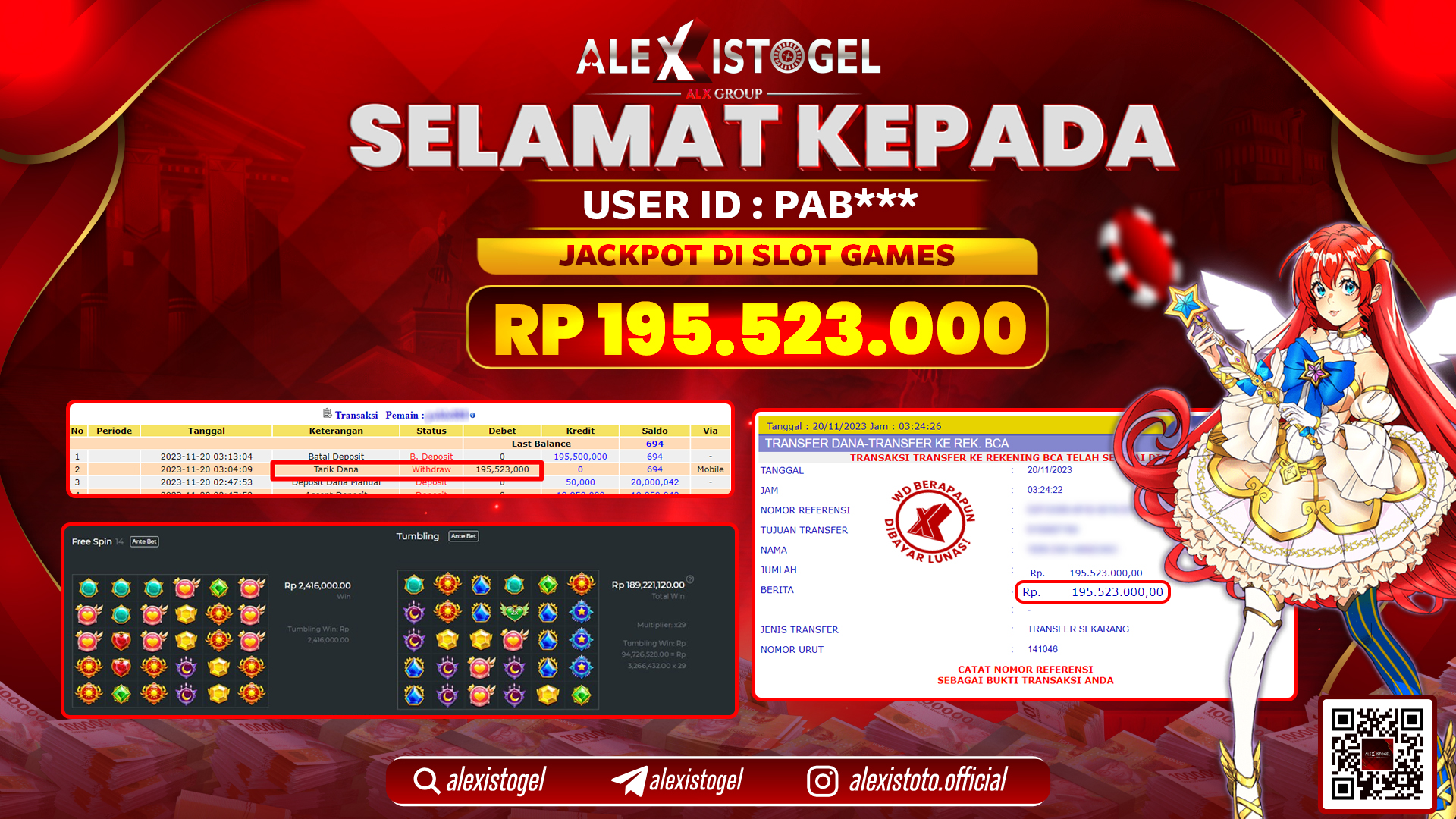 ALEXISTOGEL JACKPOT SLOT GAMES RP. 195.523.000 LUNAS