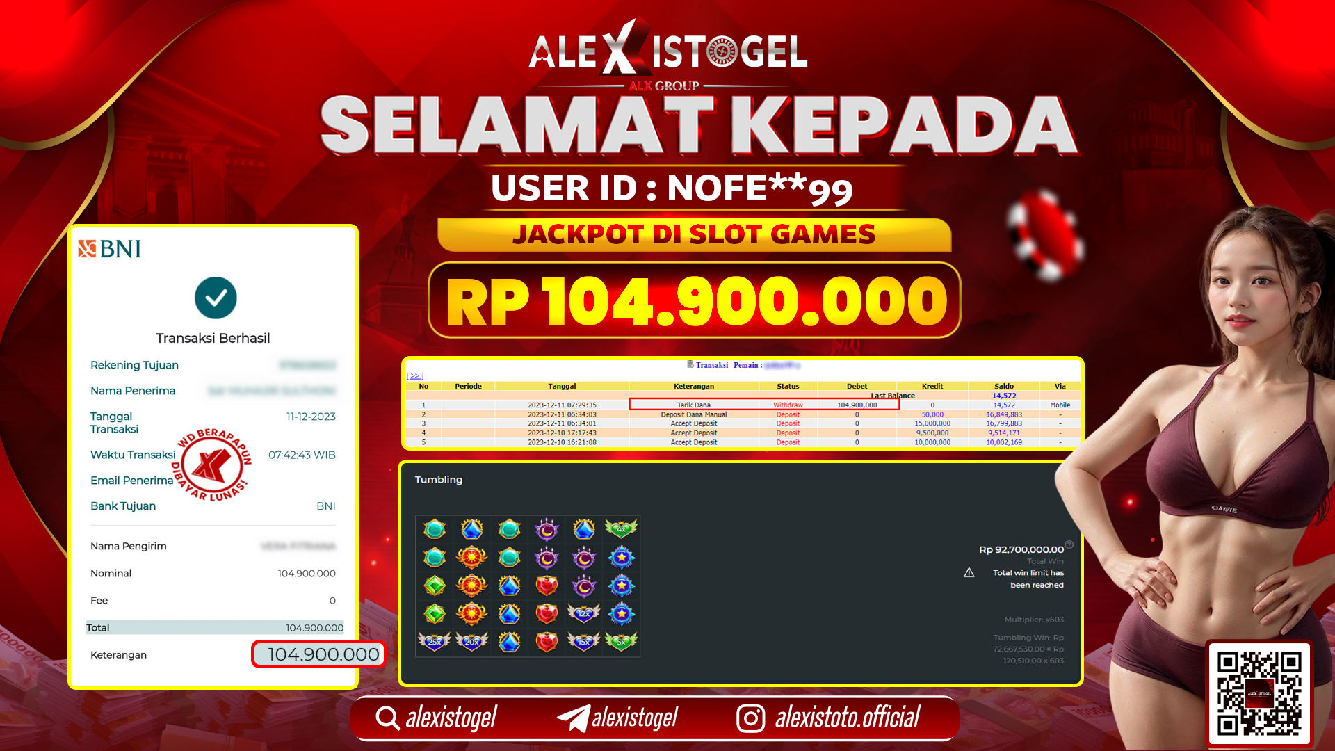 ALEXISTOGEL JACKPOT SLOT GAMES RP. 104.900.000 LUNAS
