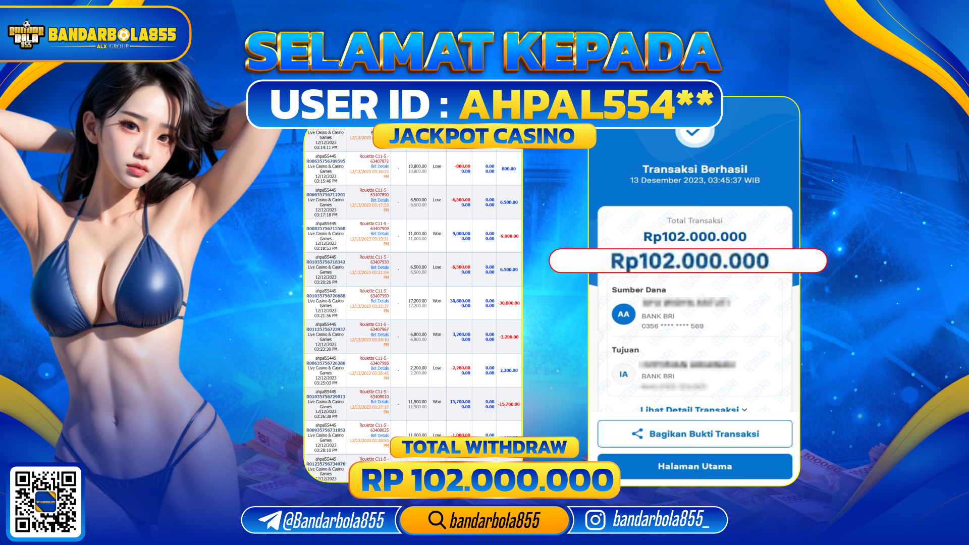 Bukti Pembayaran LUNAS JACKPOT CASINO Rp. 102.000.000,-