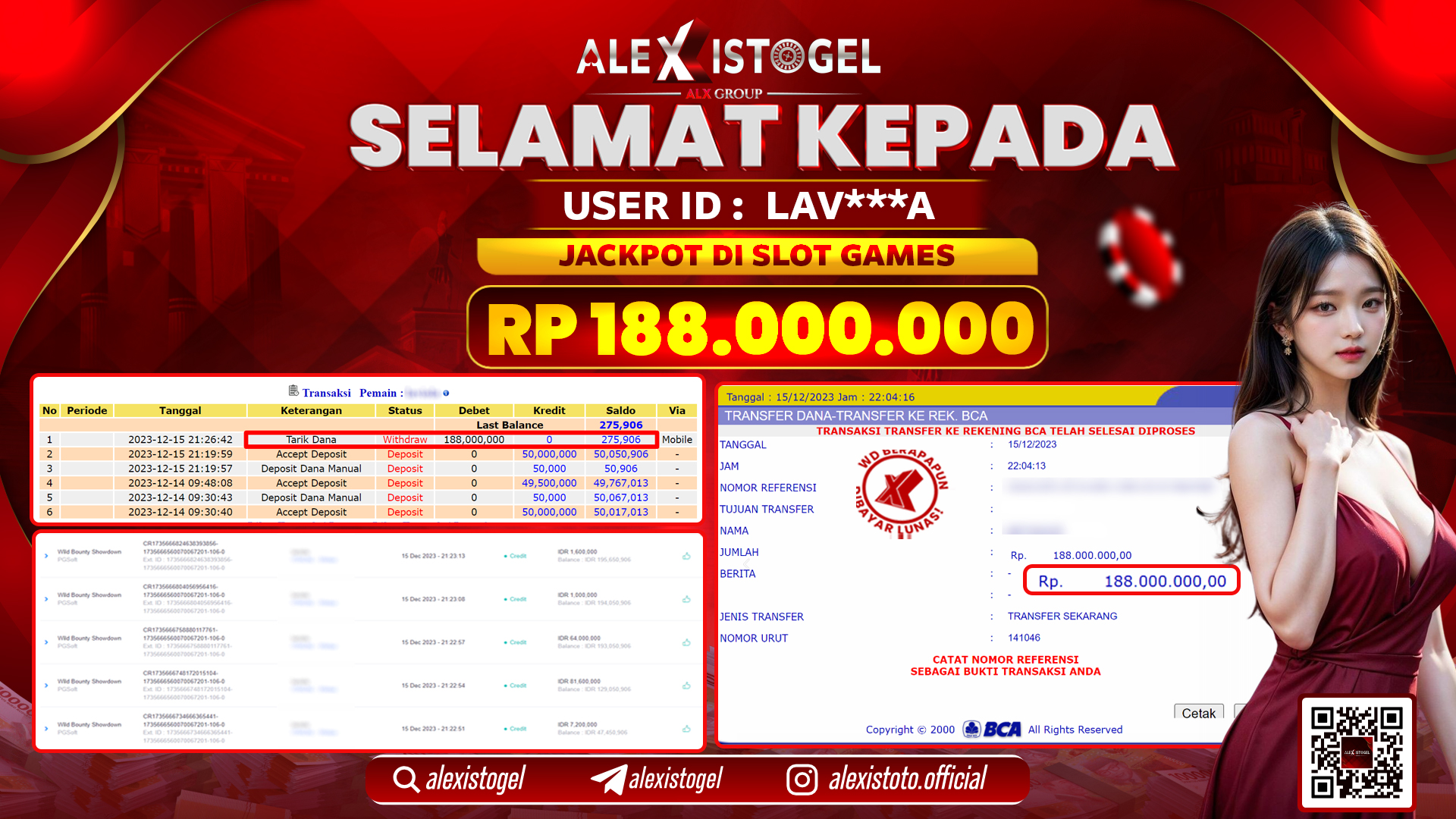 ALEXISTOGEL JACKPOT SLOT GAMES RP. 188.000.000 LUNAS