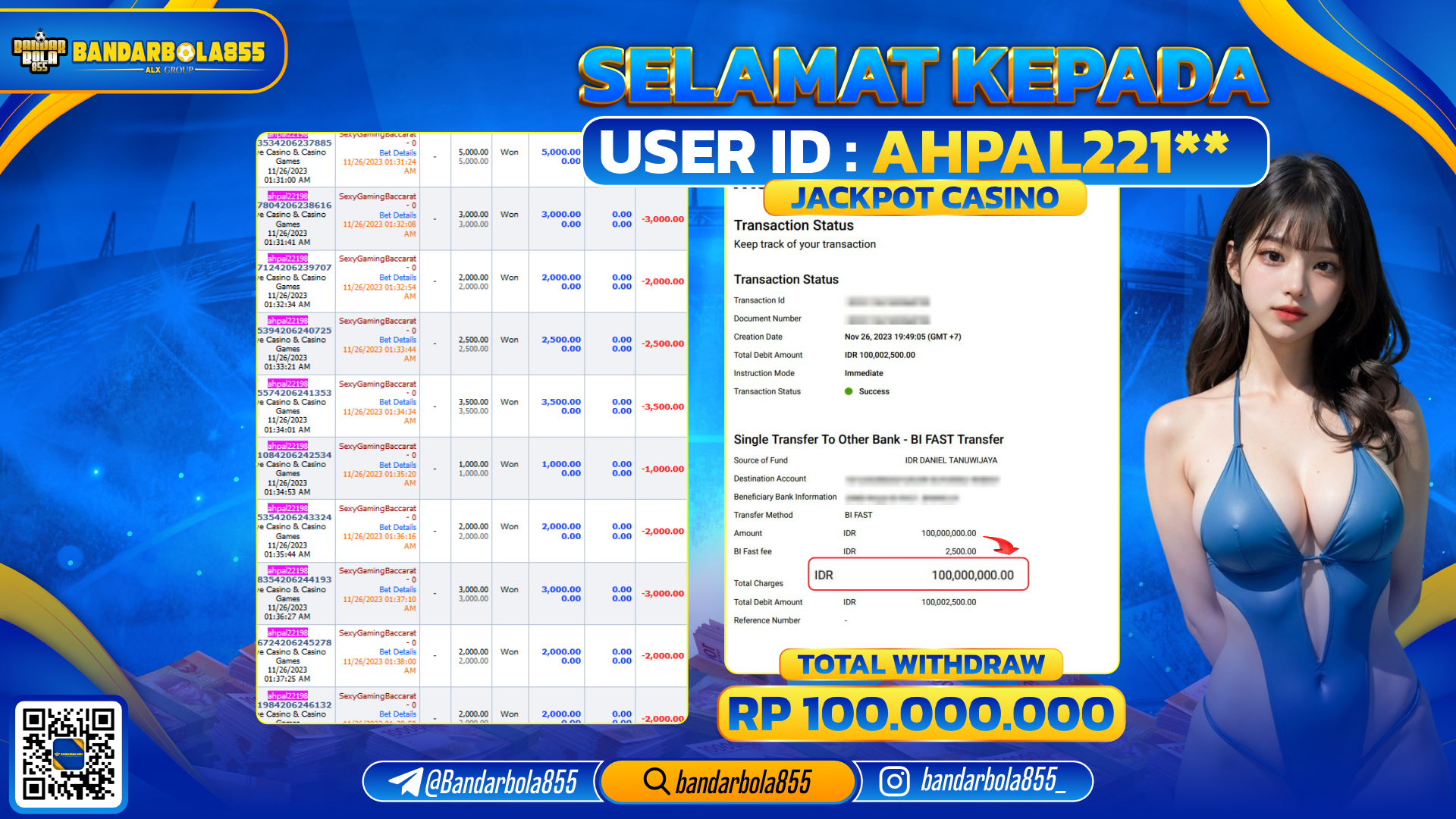 Bukti Pembayaran LUNAS JACKPOT CASINO Rp. 100.000.000,-