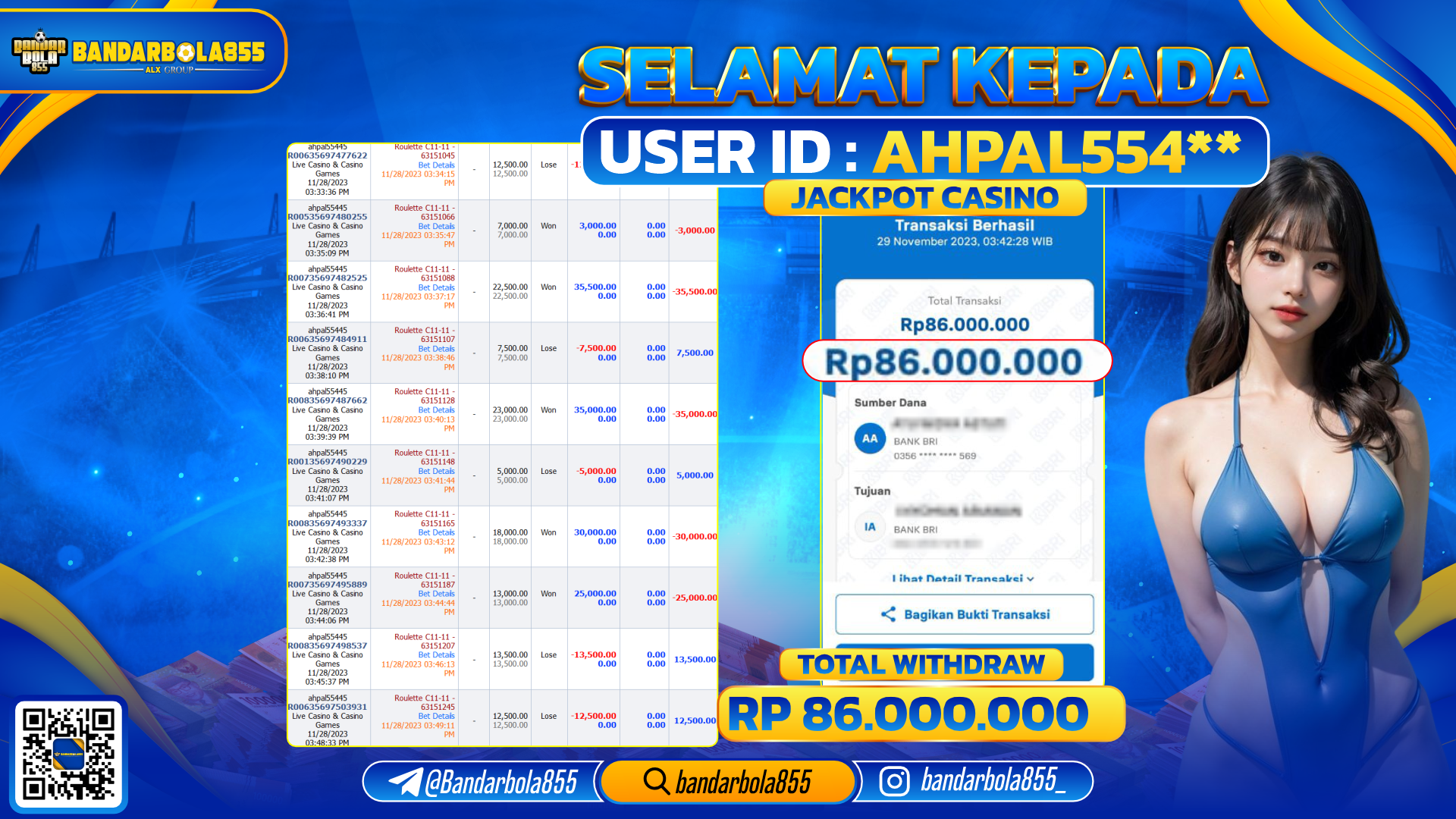 Bukti Pembayaran LUNAS JACKPOT CASINO Rp. 86.000.000,-