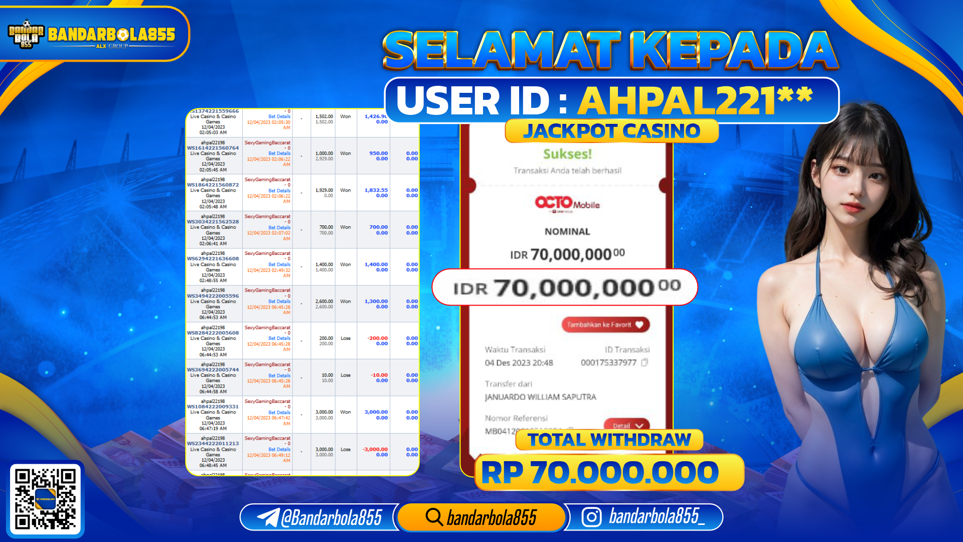 Bukti Pembayaran LUNAS JACKPOT CASINO Rp. 70.000.000,-