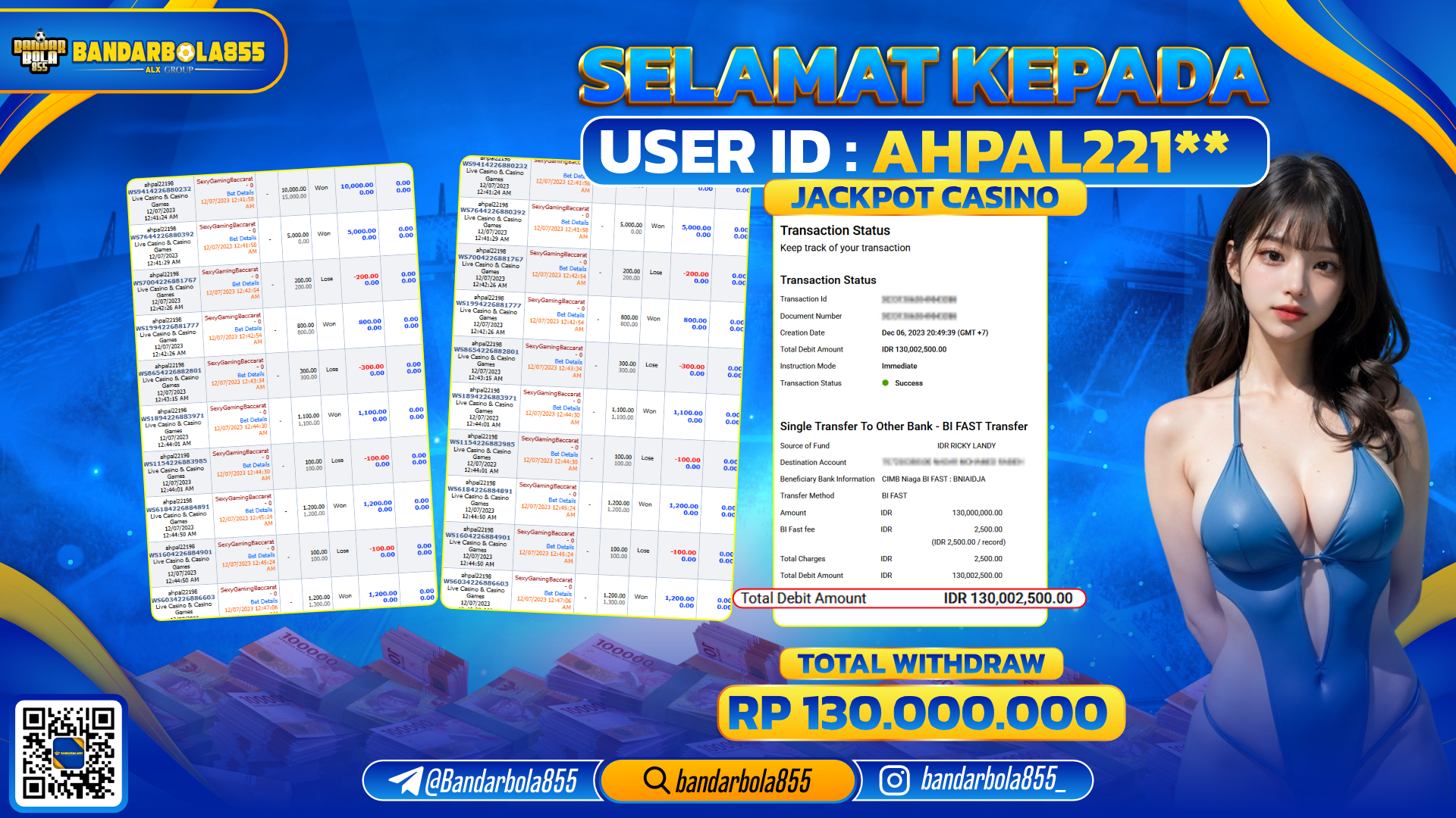 Bukti Pembayaran LUNAS JACKPOT CASINO Rp. 130.000.000,-