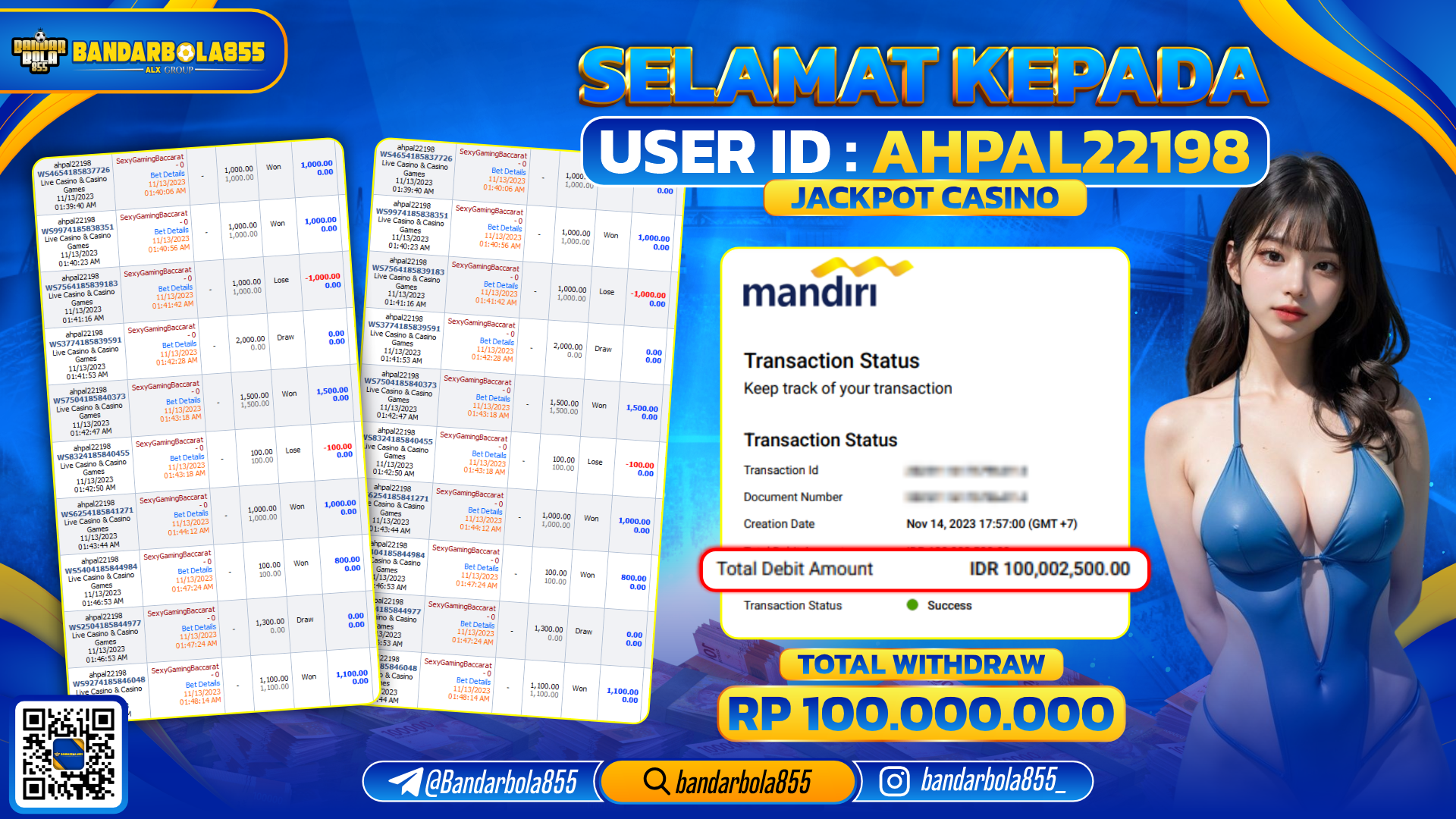 Bukti Pembayaran LUNAS JACKPOT CASINO Rp. 100.000.000,-