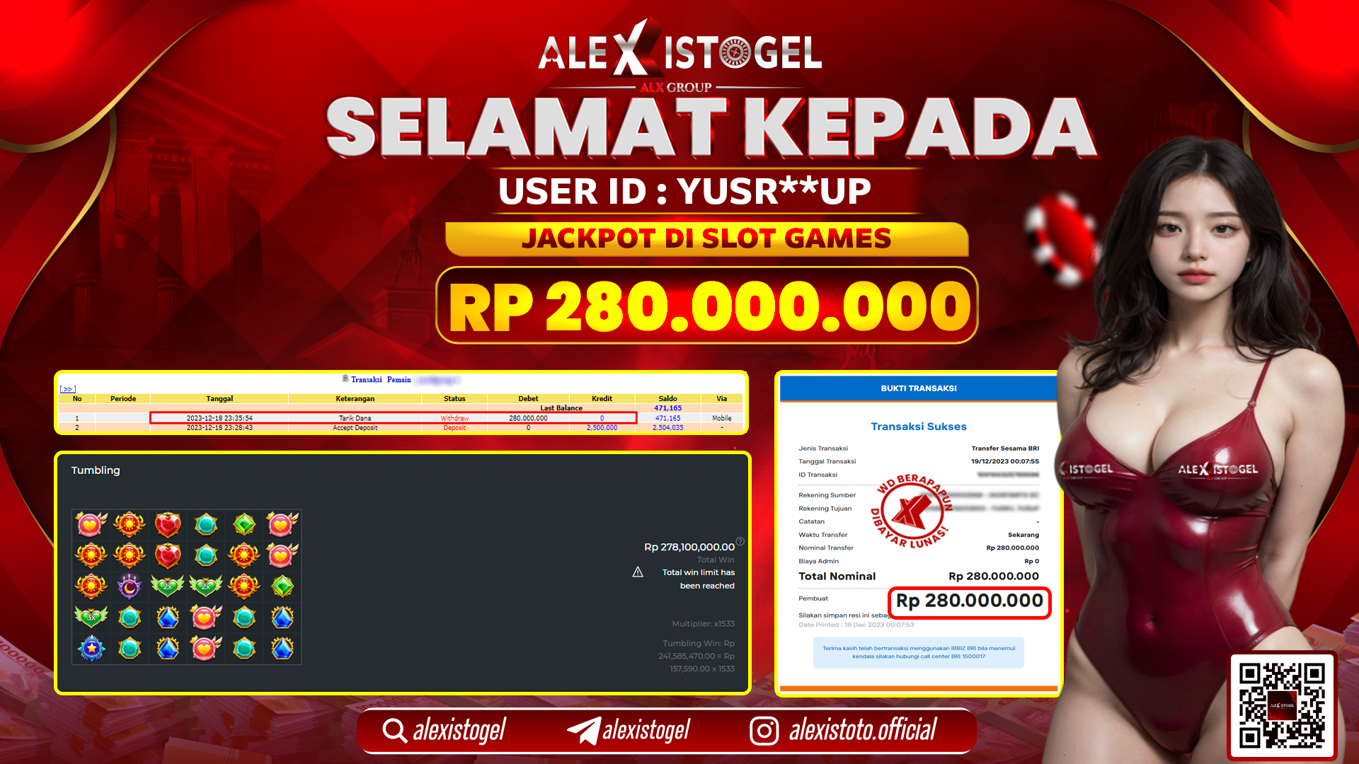 ALEXISTOGEL JACKPOT SLOT GAMES RP. 280.000.000 LUNAS