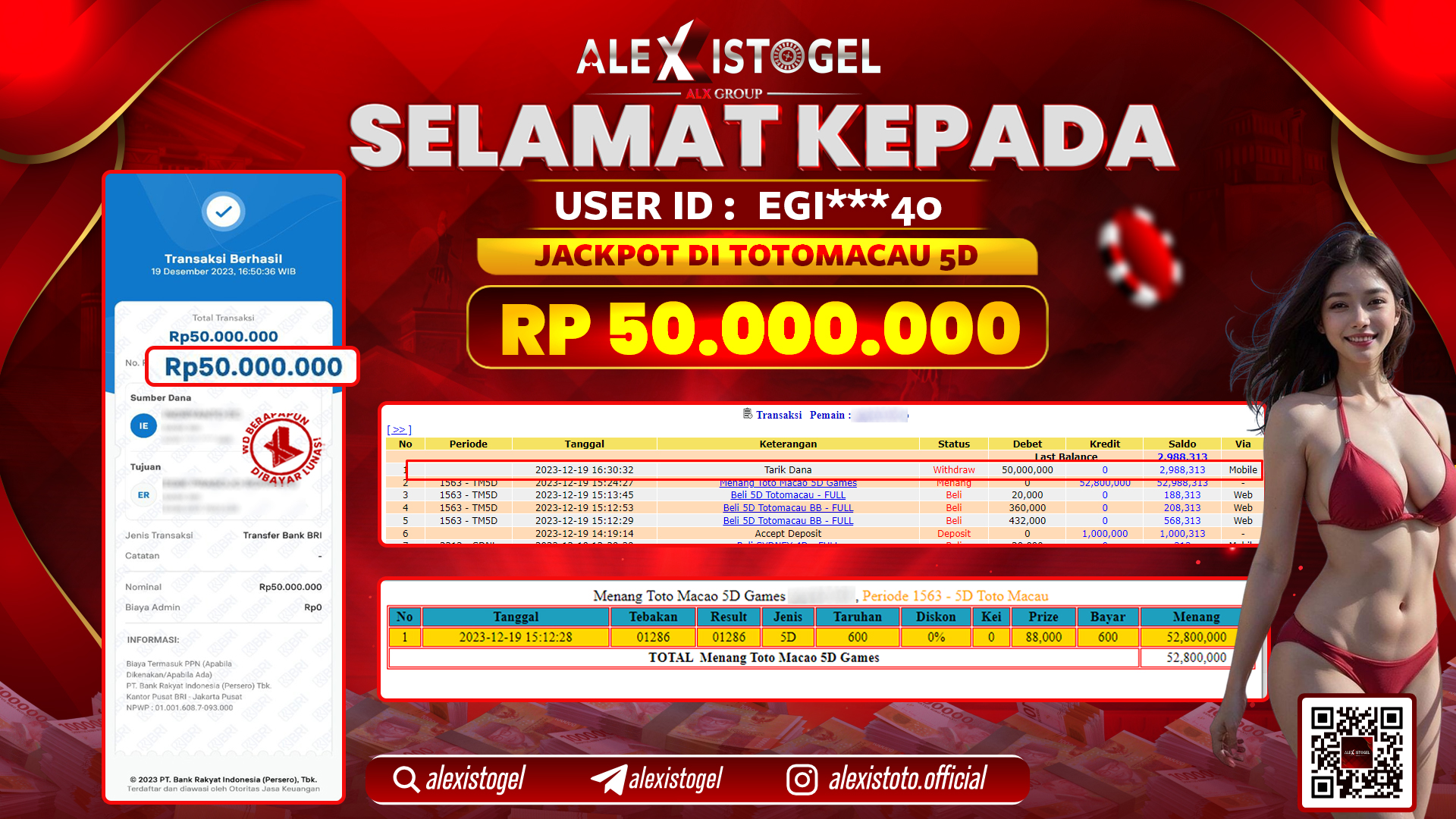 ALEXISTOGEL JACKPOT TOTO MACAU 5D RP. 50.000.000 LUNAS