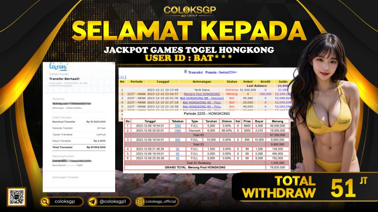 COLOKSGP JACKPOT TOTO HONGKONG POOLS RP 51.000.000 LUNAS