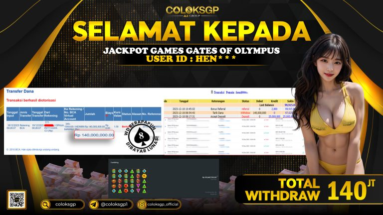 COLOKSGP JACKPOT SLOT GAMES RP 140.000.000 LUNAS