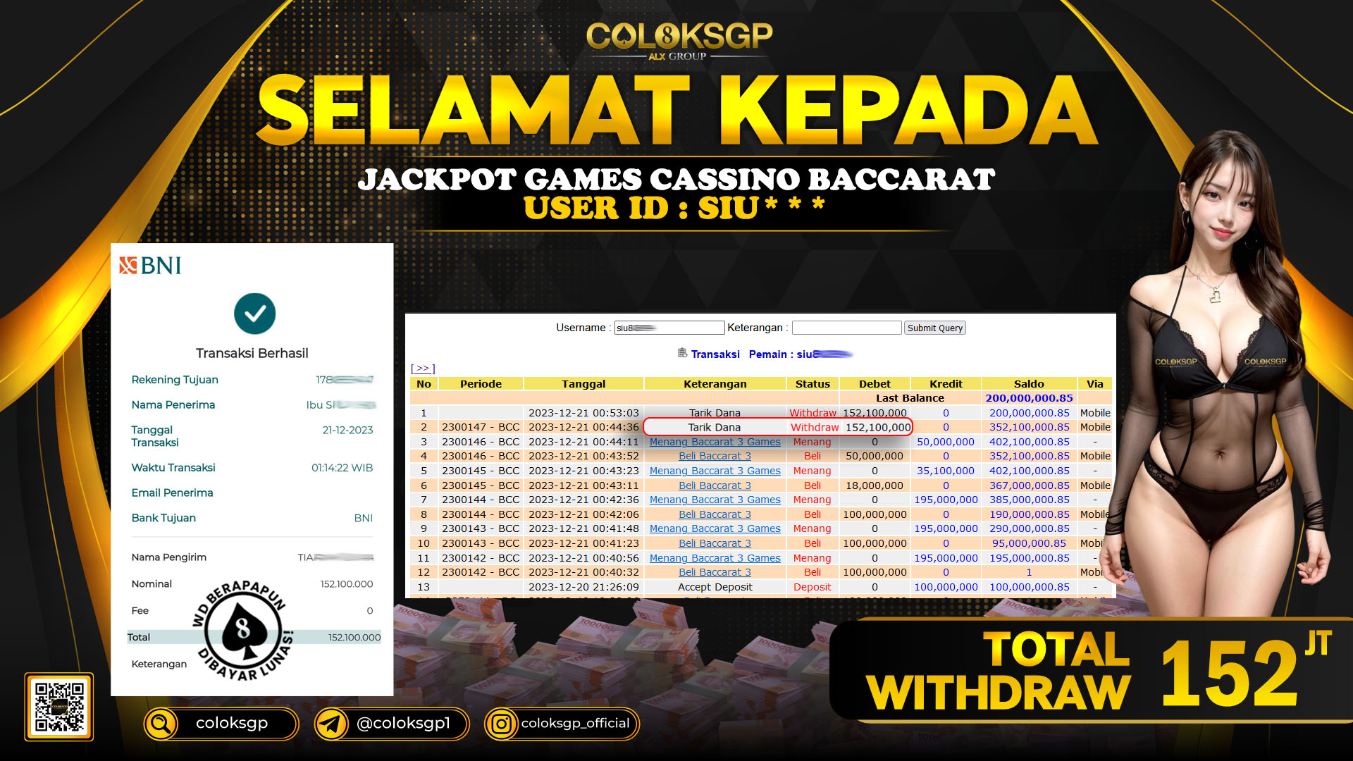 COLOKSGP JACKPOT BACCARAT  RP 152.000.000 LUNAS