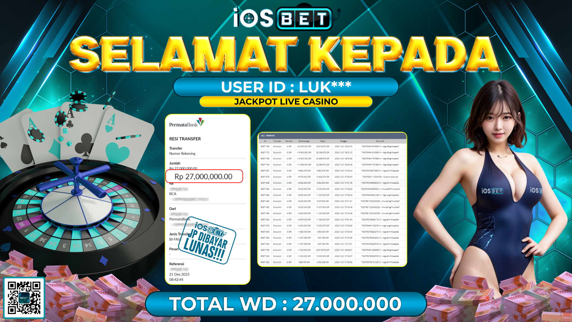 Bukti Pembayaran LUNAS LIVE GAMES GACOR Rp. 27.000.000,-