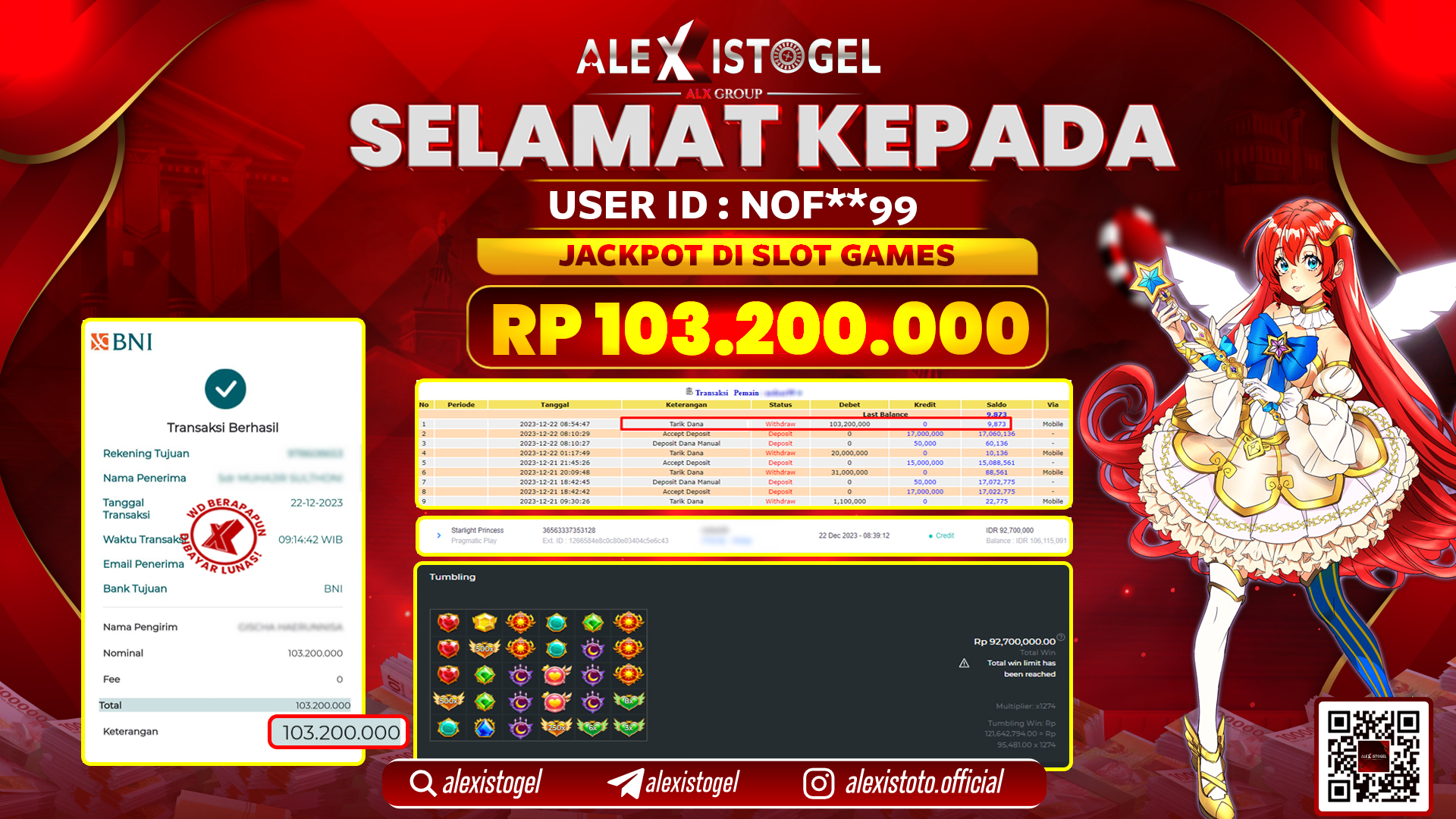 ALEXISTOGEL JACKPOT SLOT GAMES RP. 103.200.000 LUNAS