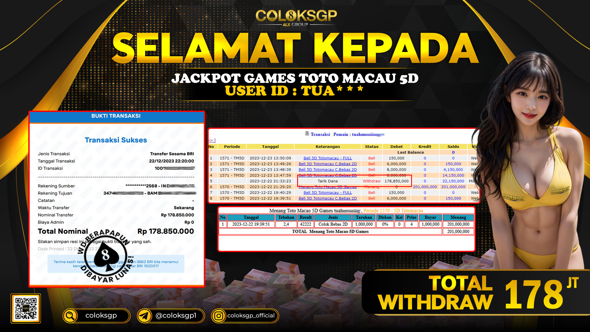 COLOKSGP JACKPOT TOTO MACAU 5D RP 178.000.000 LUNAS