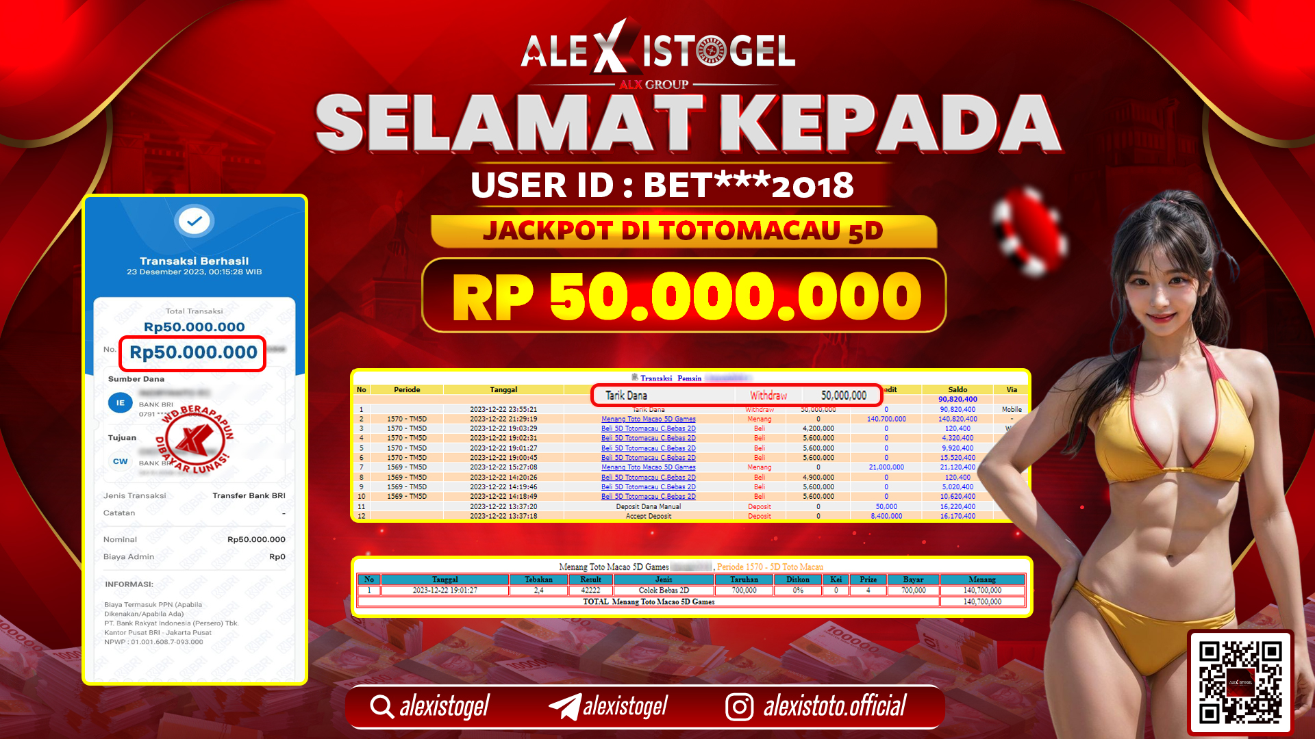 ALEXISTOGEL JACKPOT TOTO MACAU 5D RP. 50.000.000 LUNAS
