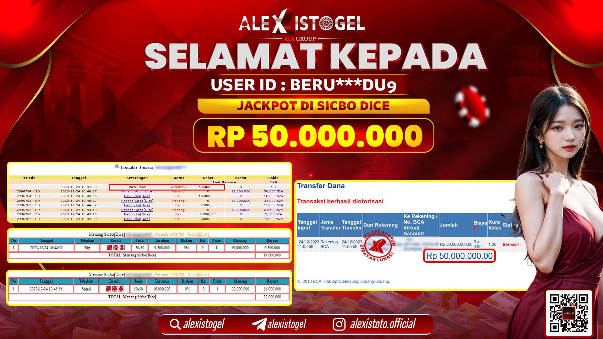 ALEXISTOGEL JACKPOT SICBO DICE RP. 50.000.000 LUNAS