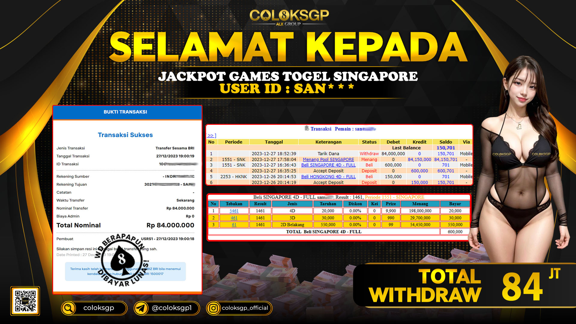 COLOKSGP JACKPOT SINGAPORE POOLS RP 84.000.000 LUNAS