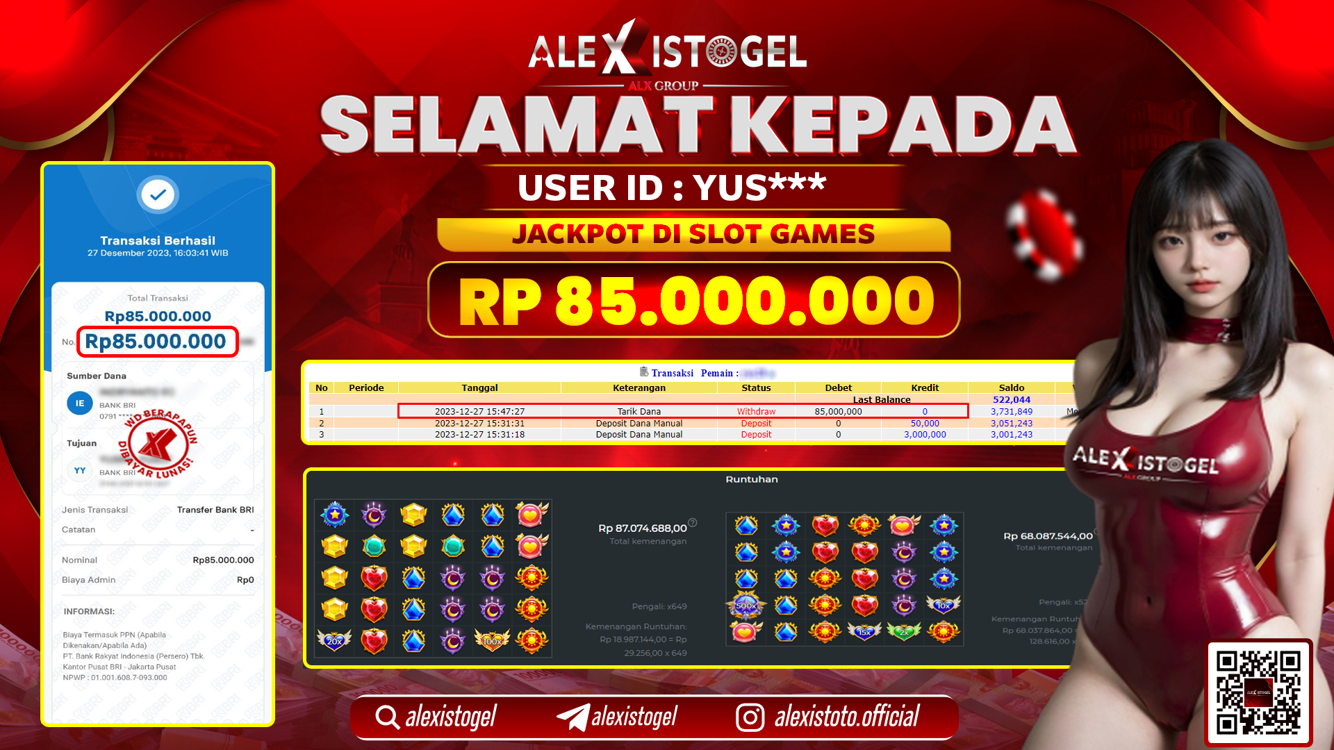 ALEXISTOGEL JACKPOT SLOT GAMES RP. 85.000.000 LUNAS