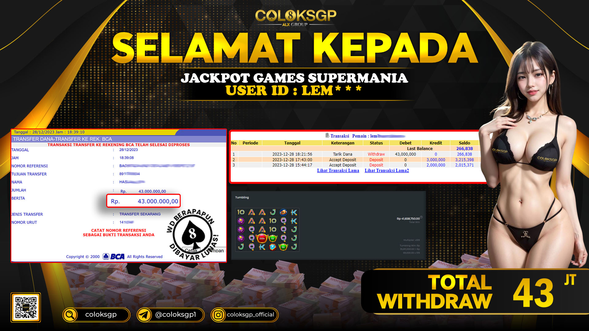 COLOKSGP JACKPOT SLOT GAMES RP 43.000.000 LUNAS