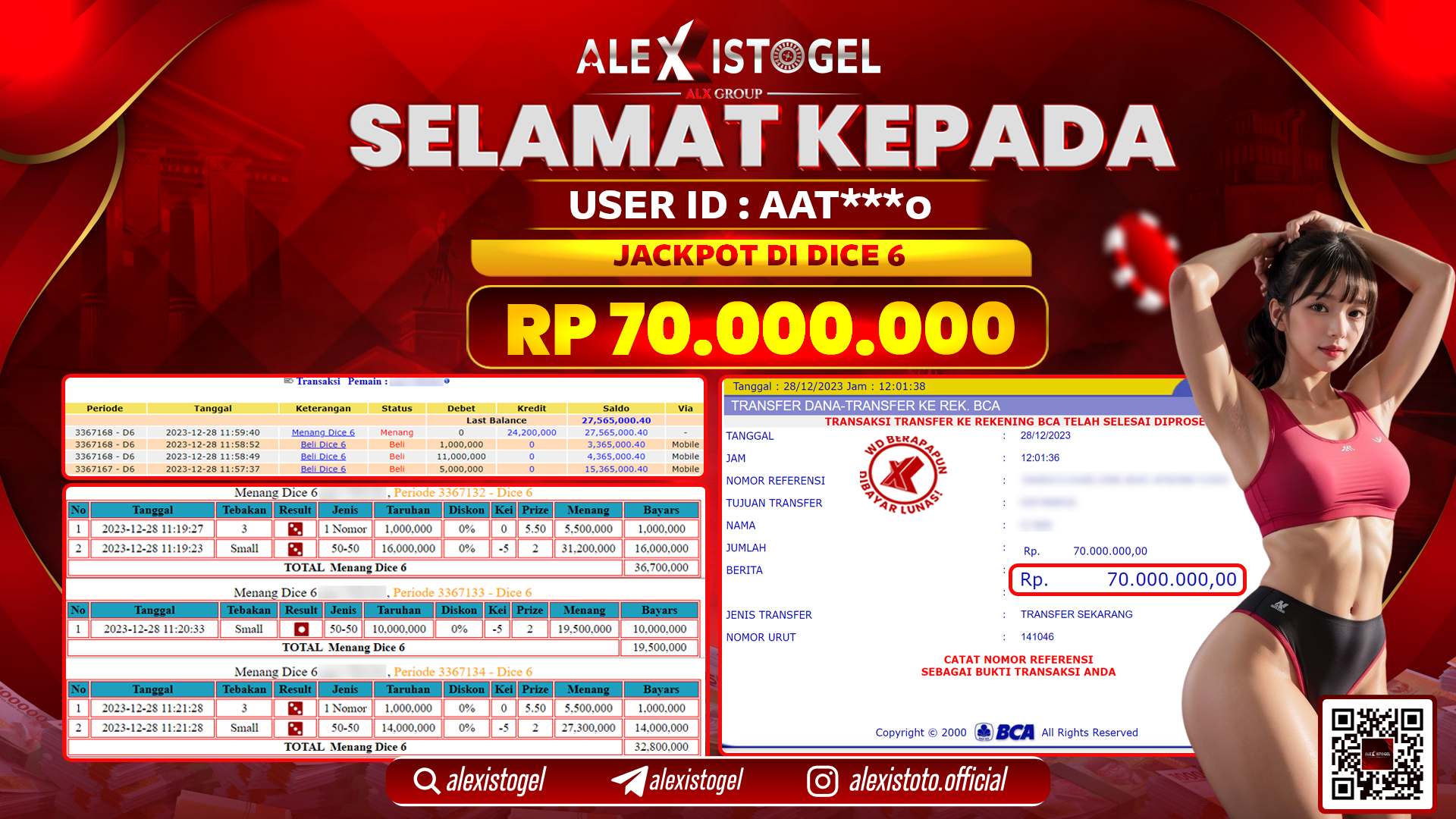 ALEXISTOGEL JACKPOT DICE6 RP. 70.000.000 LUNAS