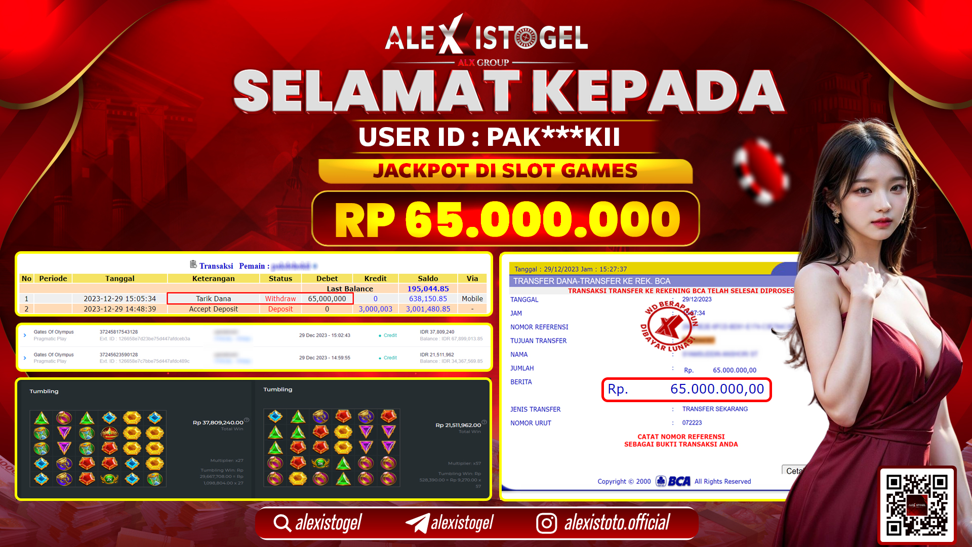 ALEXISTOGEL JACKPOT SLOT GAMES RP. 65.000.000 LUNAS