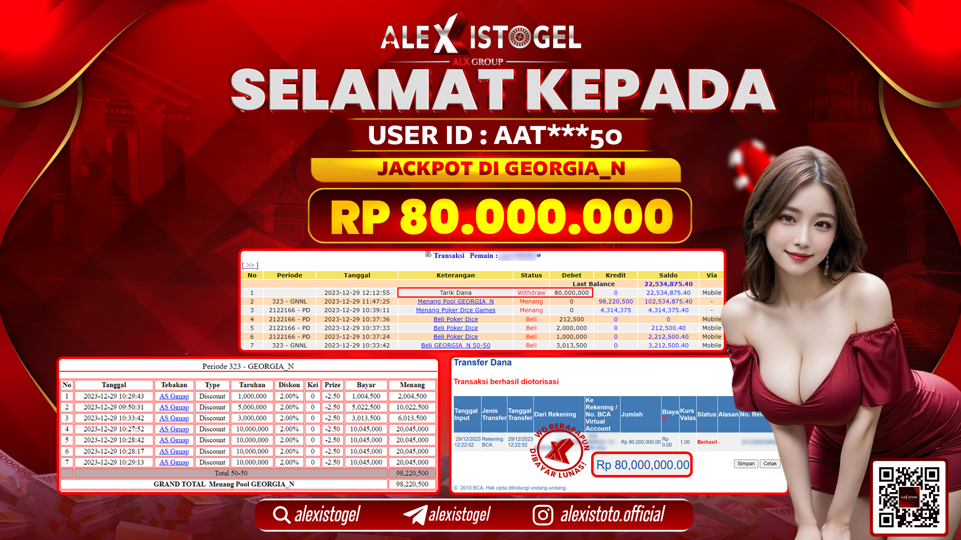 ALEXISTOGEL JACKPOT GEORGIA NIGHT POOLS RP. 80.000.000 LUNAS