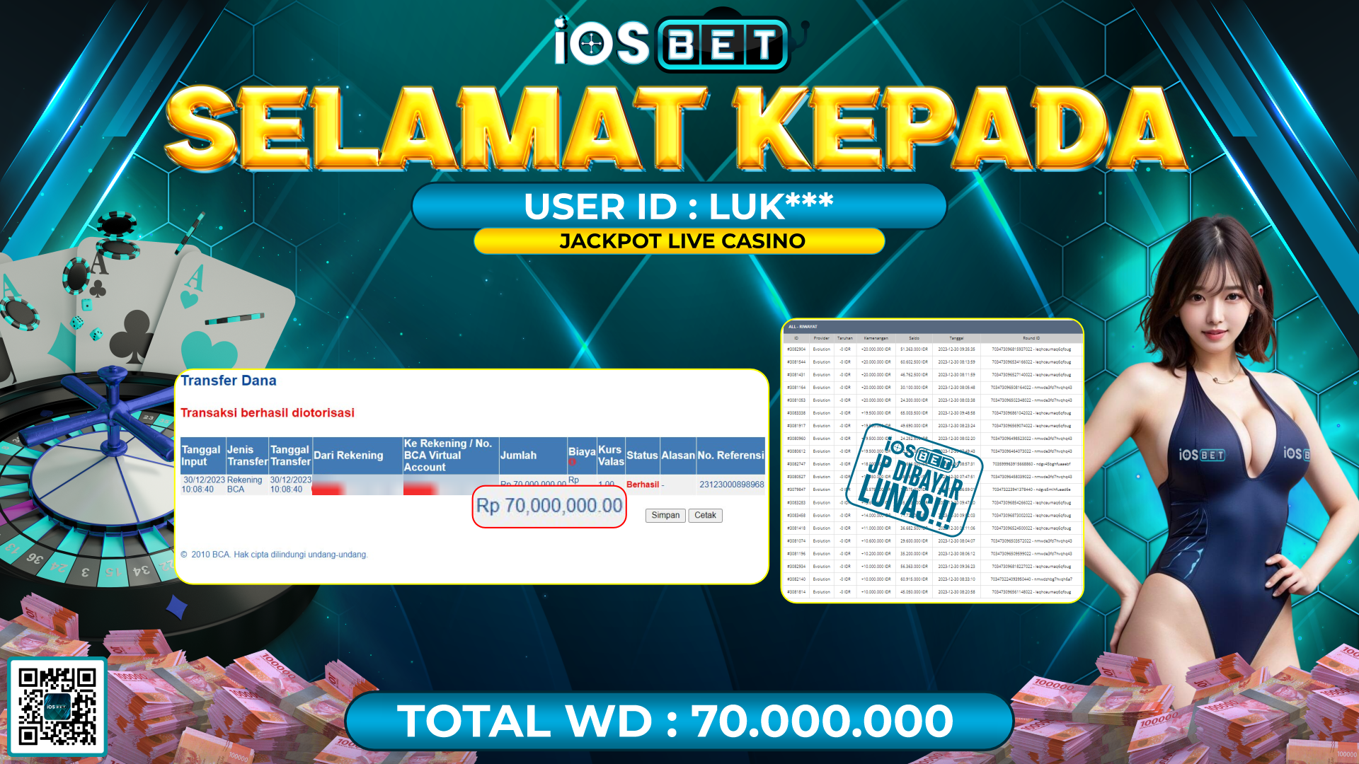 Bukti Pembayaran LUNAS LIVE GAMES GACOR Rp. 70.000.000,-