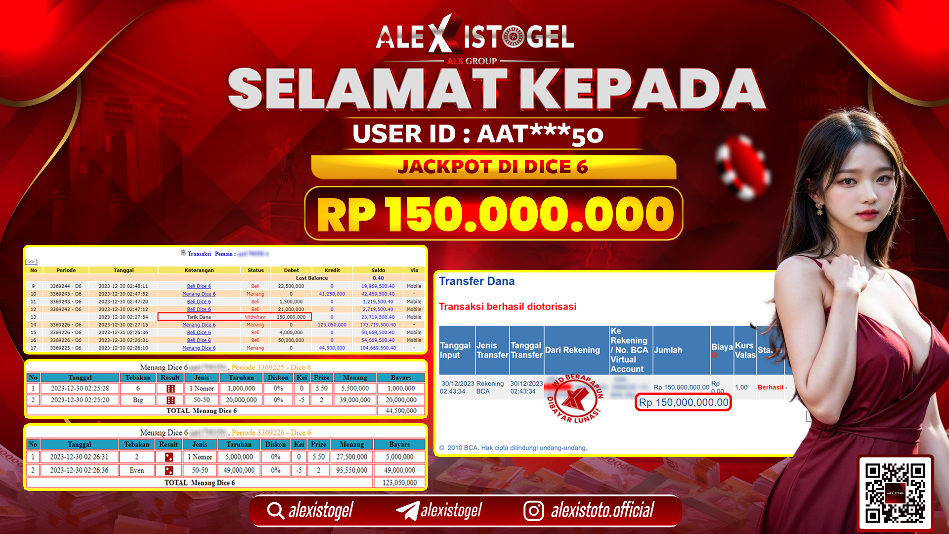 ALEXISTOGEL JACKPOT DICE 6 RP. 150.000.000 LUNAS