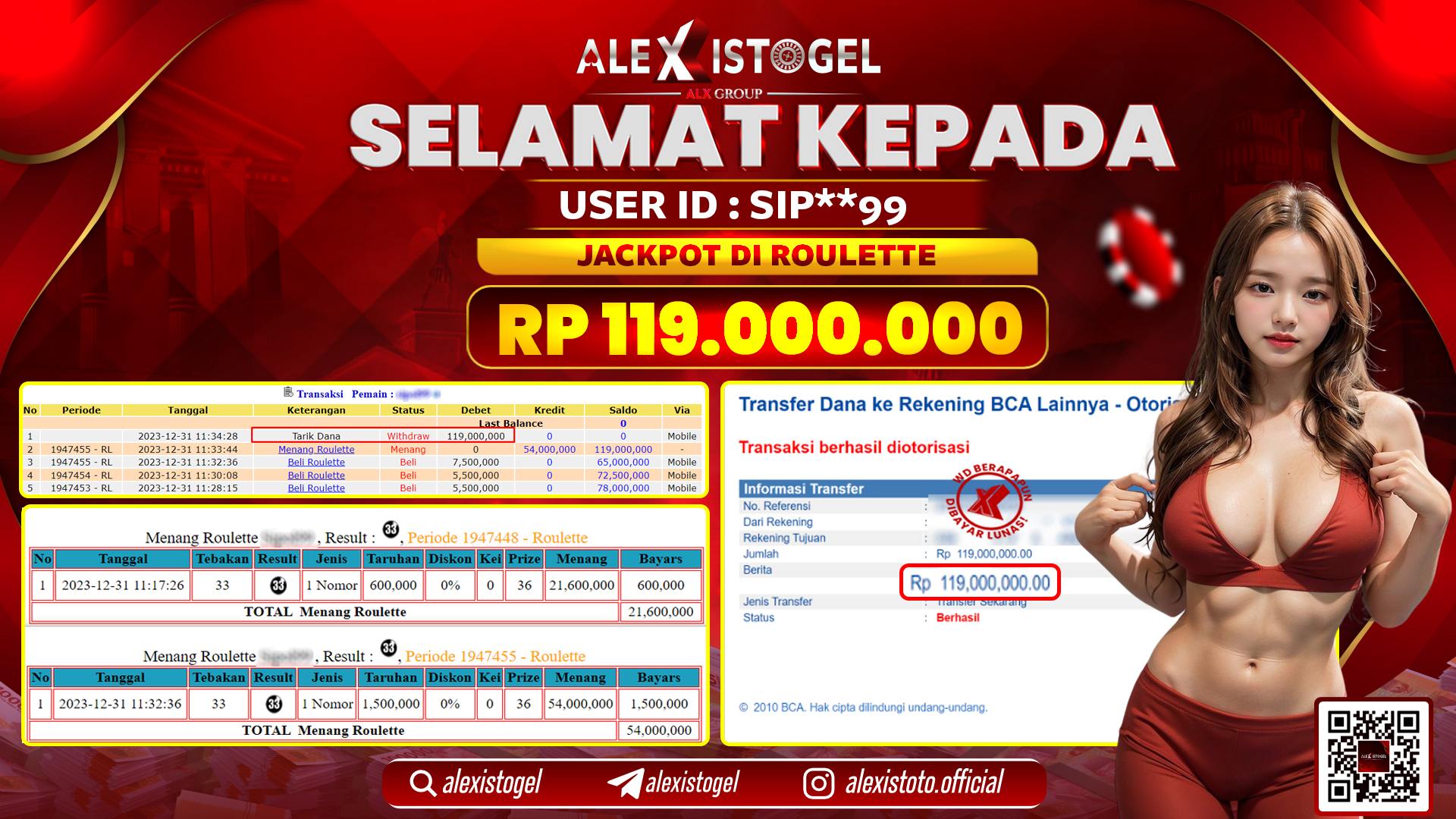 ALEXISTOGEL JACKPOT ROULETTE RP. 119.000.000 LUNAS