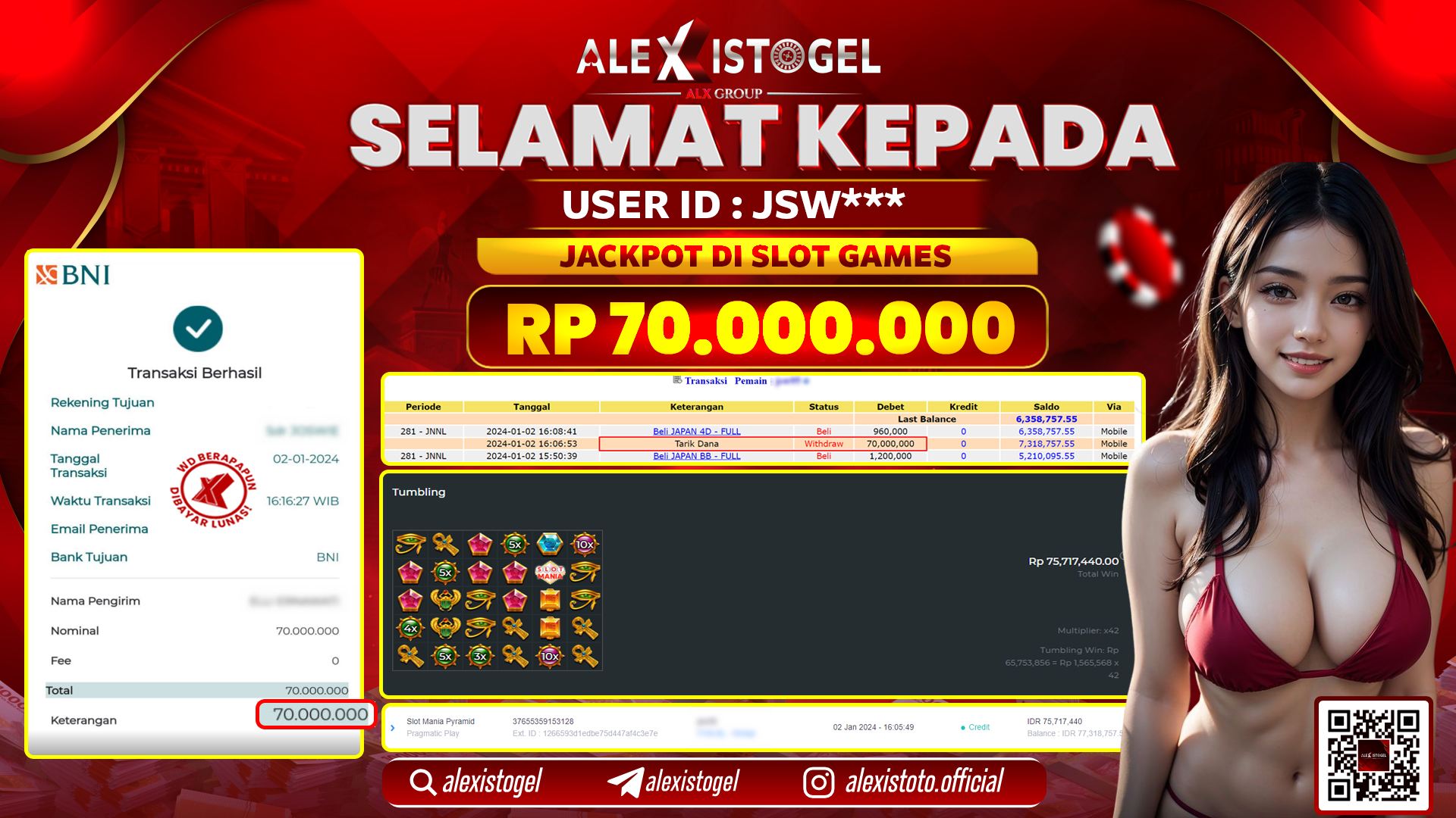 ALEXISTOGEL JACKPOT SLOT GAMES RP. 70.000.000 LUNAS